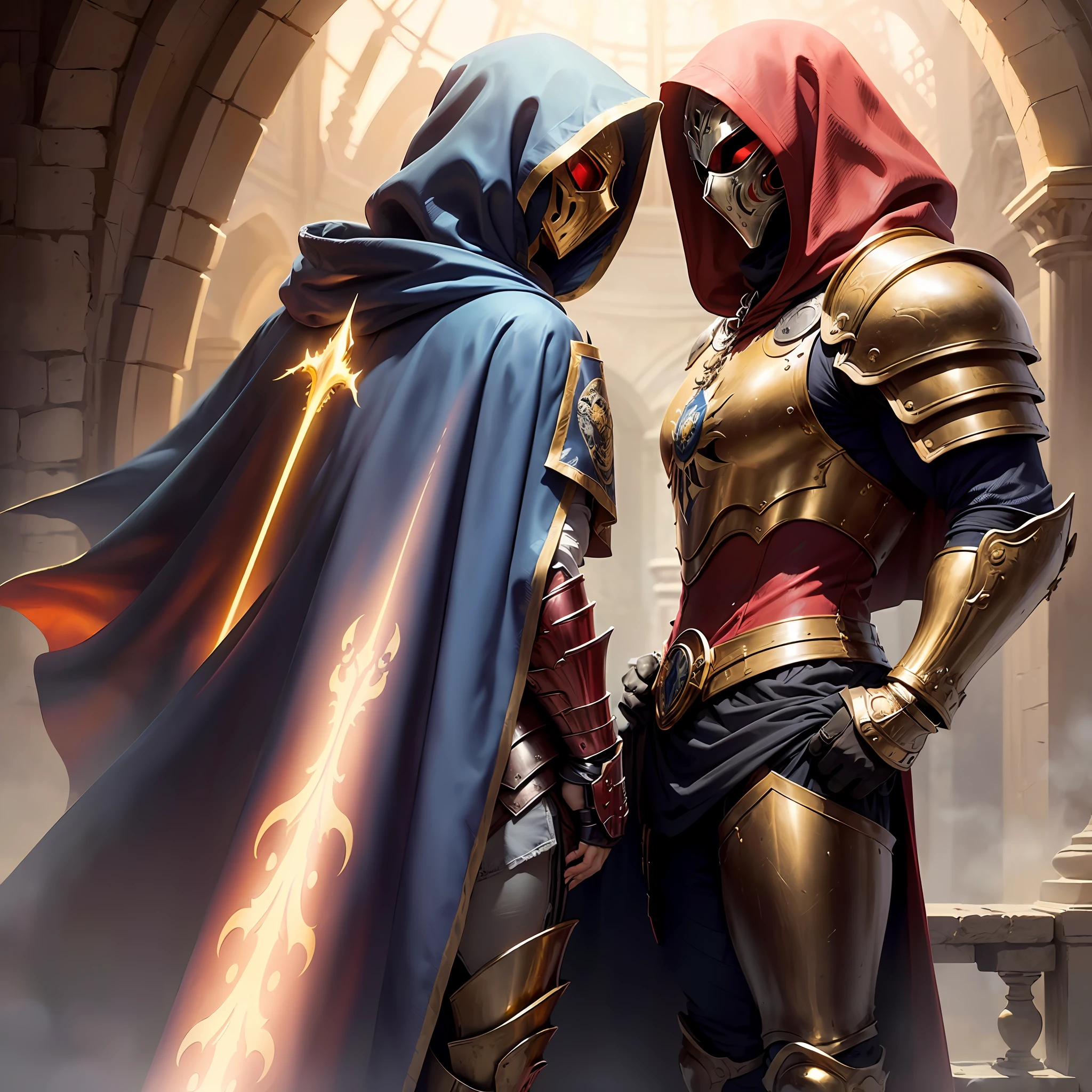 ((Isaac's cloak+Gold, silver, blue and red armor+Male Grand Knight+Kill messengers+Messenger of Justice)+(The big mask does not show its face+Great picture))&(High-quality illustrations+Extremely detailed+The details are unbeatable+The heaviness is full)&(Strong muscles+A palatial paradise,The background is magnificent+full body armored))