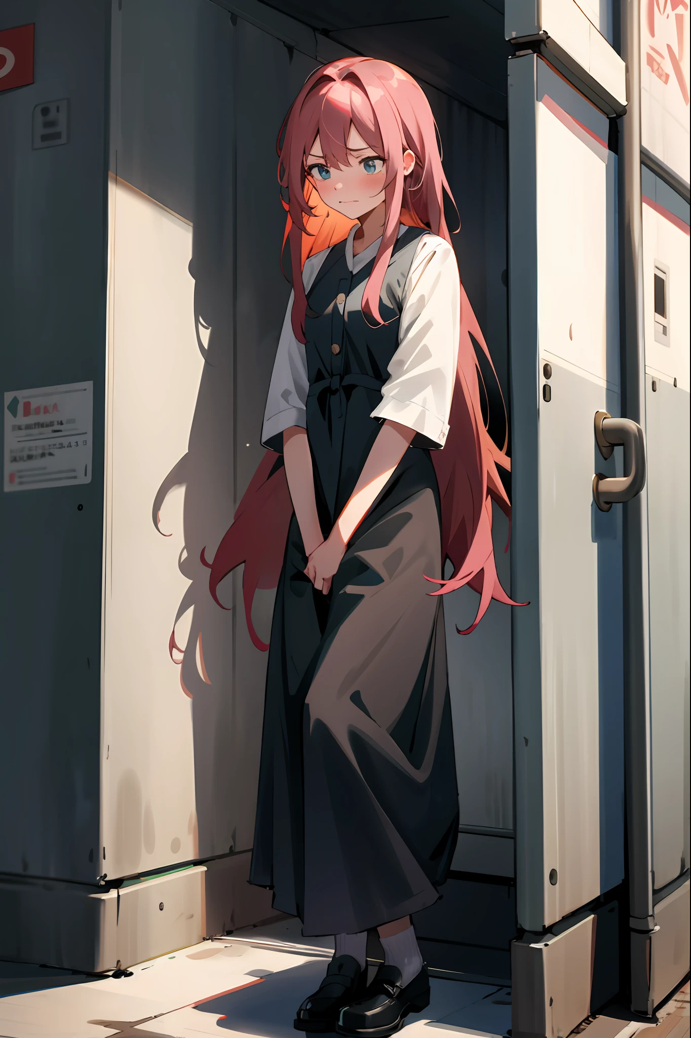 1 girl with long hair and shorts,1 girl is taking to lavatory,looks away,are standing,embarressed,Be red in the face,Keep one's mouth shut,street corner(girl is peeing self:,In taking off your pants