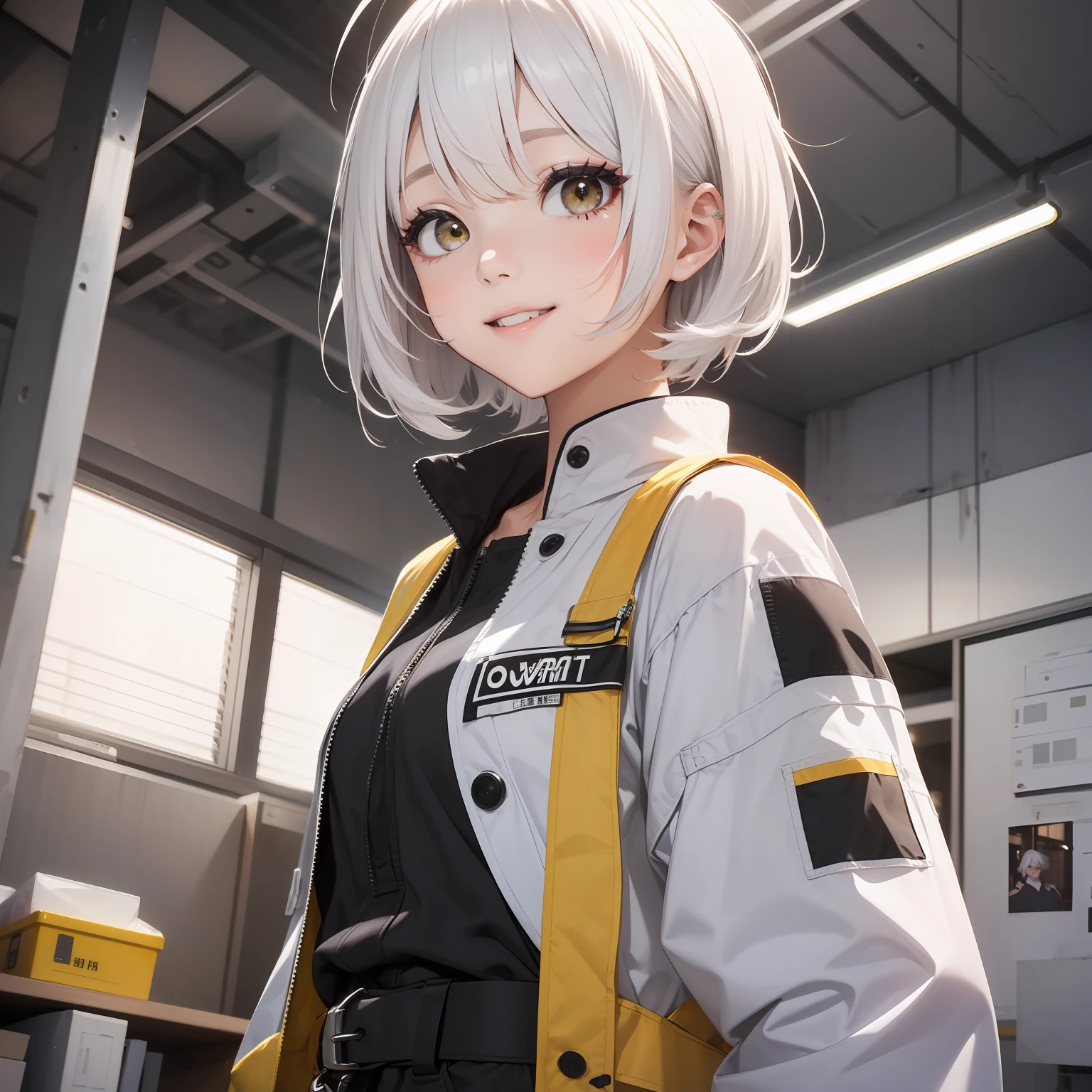 ((masterpiece、top-quality))、(独奏)、(female focus)、(Ahoge、white hair、short-hair)、Black eye、lightsmile、(Workwear、Coveralls、yellow)、is standing、No background、dynamic ungle