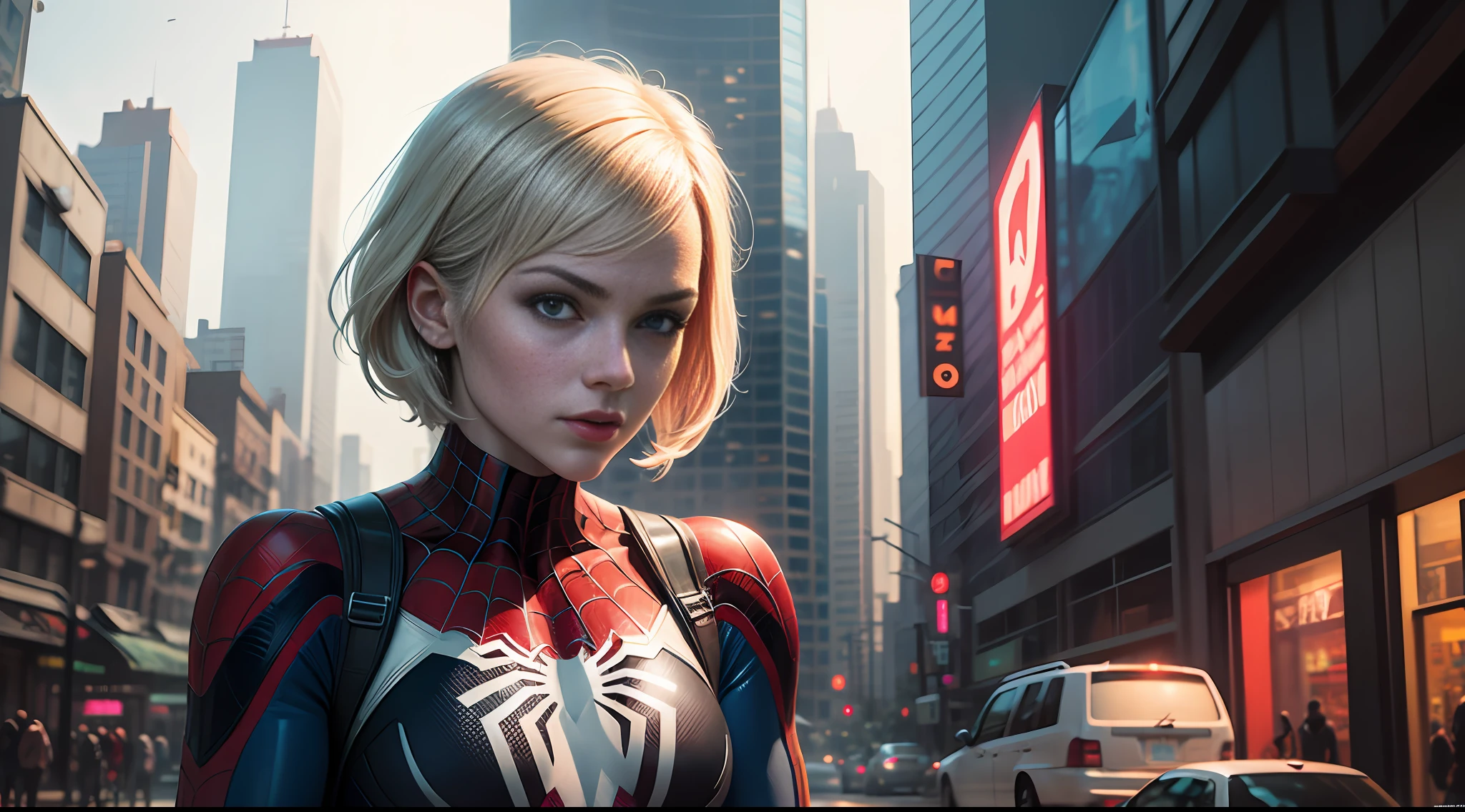 Spider-Man Gwen,Cyberpunk-city,18k,Realistic painting style,Super resolution --auto