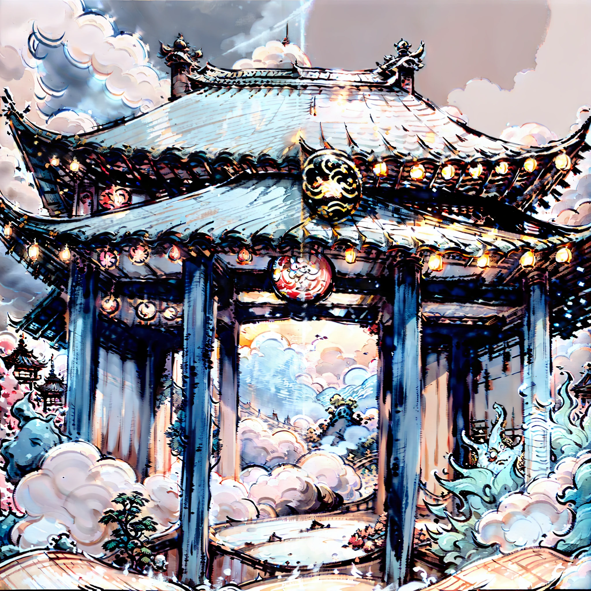 The plaque reads Luan Sheng Pavilion,wonderland,loft,clouds,mont,