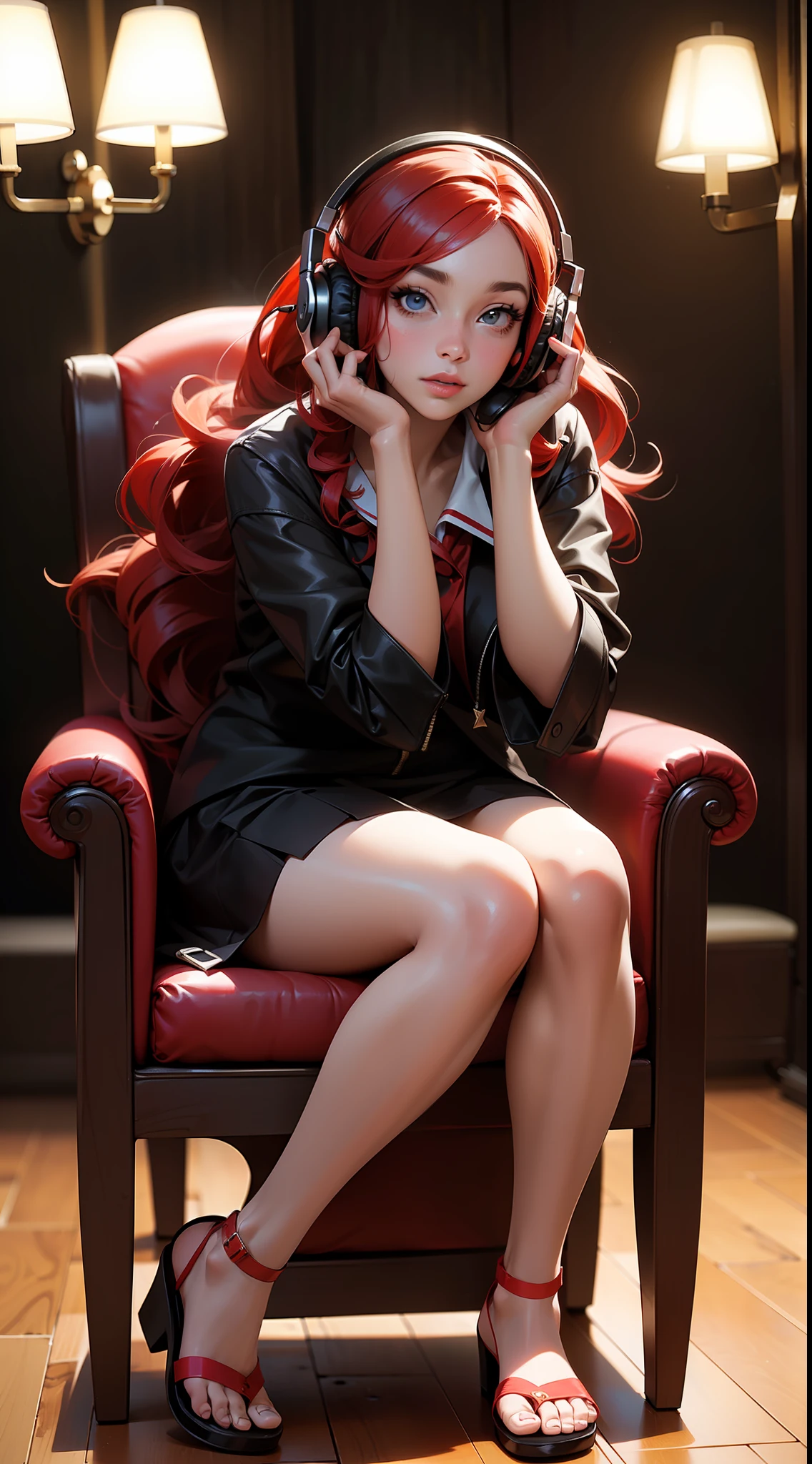 (masterpiece: 1.1), (best quality: 1.1), ultra-detailed, night light, perfect lighting, photo shoot, perfect eyes, perfect face, (depth of field), 1girl, african style, curly hair, dark skinned,, (((full body ))), silhouette, perfect female form, ((perfect face, detailed face, glossy lips, eyeliner )), (((long red hair))), (student outfit, sandal), (headphones), (sitting in a chair)