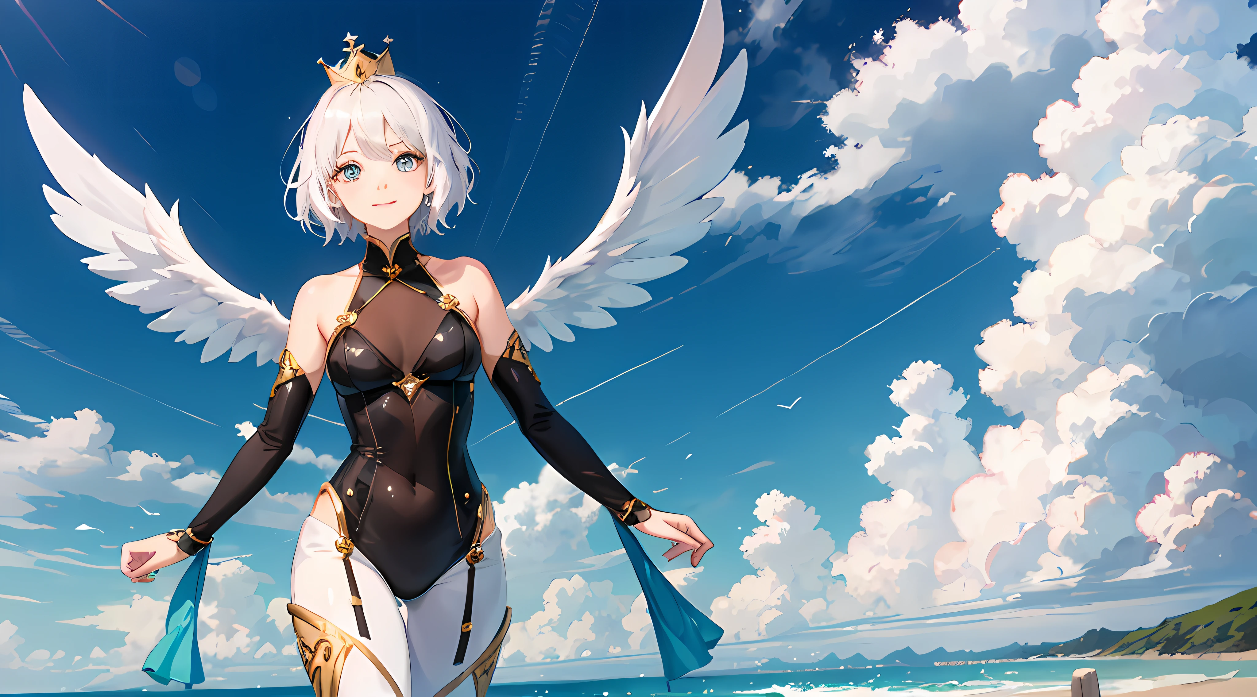 Angel girl with wings,18yr old,Two-dimensional style,Short white hair,Wear a crown set with blue gemstones,wearing bodysuit,nabel,bshoulders,facing to audience,ssmile,Big innocent eyes,The background is in the Kingdom of Heaven