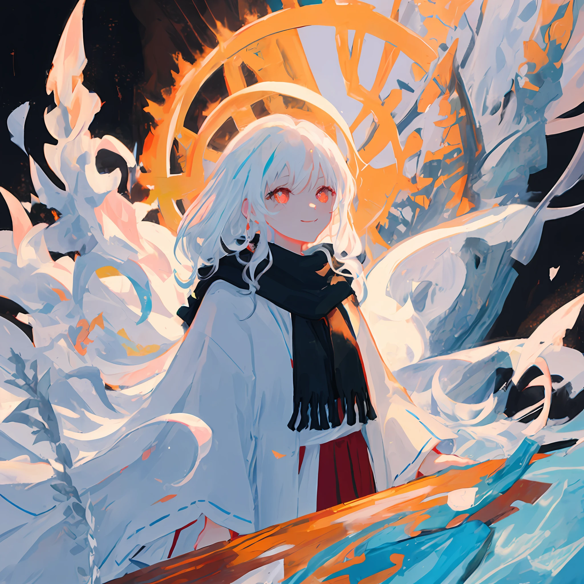 A woman with white hair and a black scarf,Black-red pupils,Fold your hands and pray devotionally,Gentle smile,Portraits of sacred figures,Pixiv competition winner,Fantasyart,White-haired god,Beautiful character painting,Guviz-style artwork,Yuki Onna's glareing gaze,Guviz,long white hair,Long white hair,flowing hair and long robes