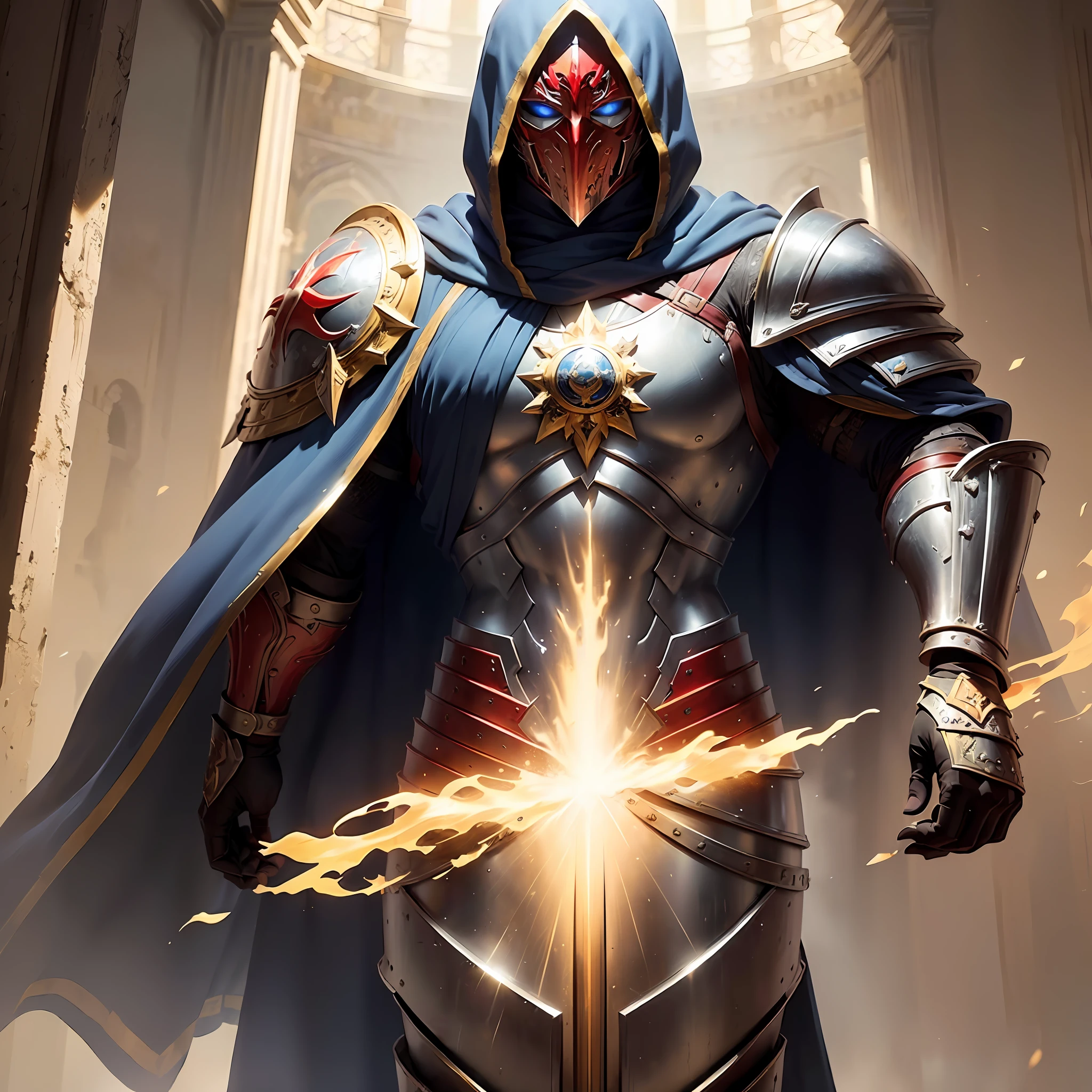 ((Isaac's cloak+Gold, silver, blue and red armor+Male Grand Knight+Kill messengers+Messenger of Justice)+(The big mask does not show its face+Great picture))&(High-quality illustrations+Extremely detailed+The details are unbeatable+The heaviness is full)&(Strong muscles+A palatial paradise,The background is magnificent+full body armored))