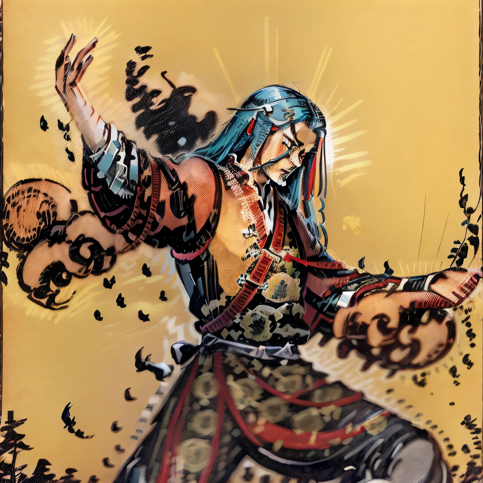 Chinese kung fu master，Adult man with long hair and waist，Wearing traditional Chinese martial arts costumes，Practice difficult moves in a quiet field。
