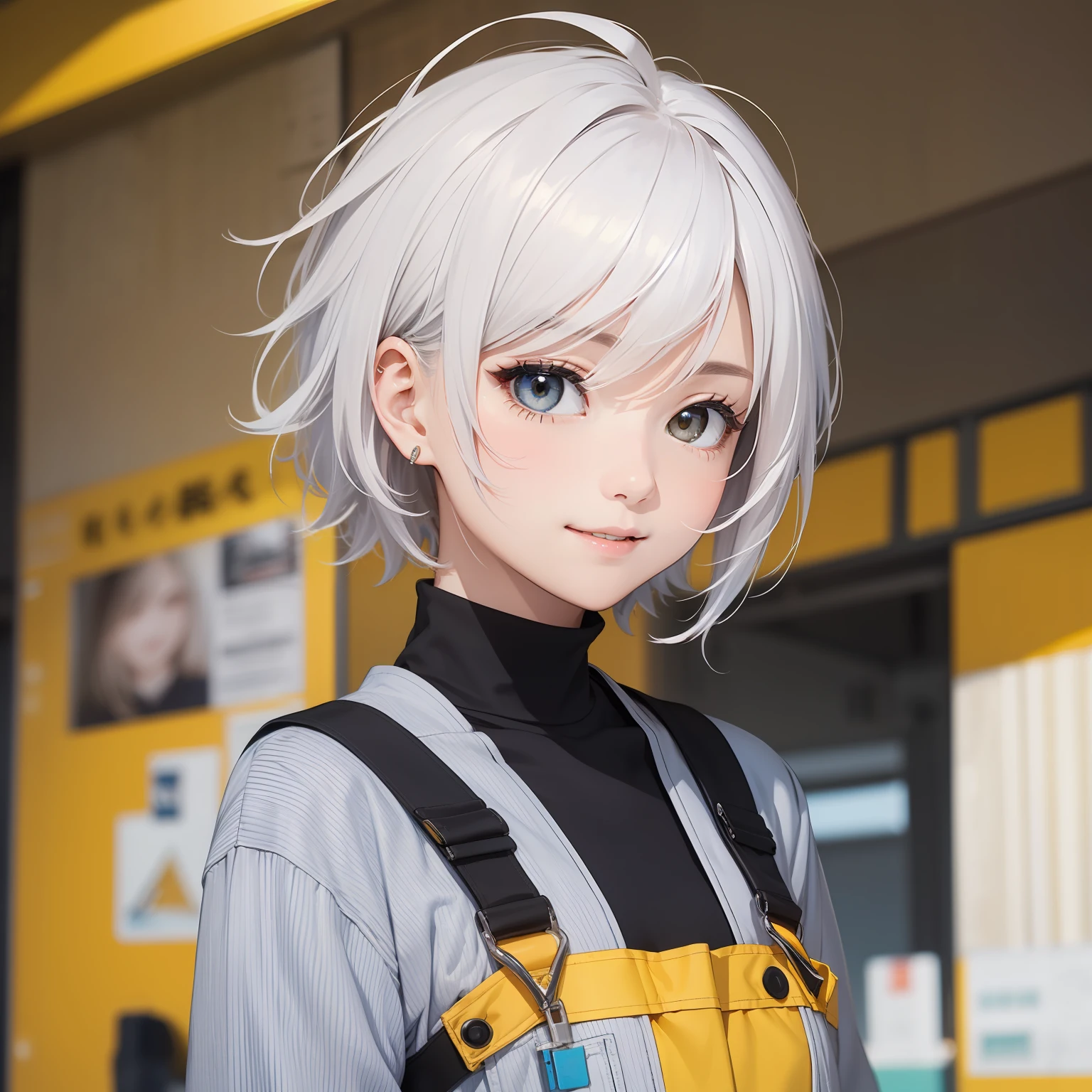 ((​masterpiece、top-quality))、(独奏、full bodyesbian)、(female focus)、(Ahoge、white  hair、short-hair)、Black eye、lightsmile、(Workwear、Coveralls、yellow)、is standing、No background、dynamic ungle