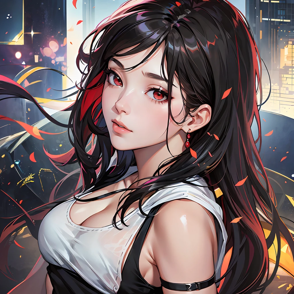 Long black hair, , long eyelasher, solid circle eyes,  shadowing,stereograms, tachi-e, angle of view, Anime style,Super detail，White top，white skinned，Red dress，Shrine mature woman ，full bodyesbian --auto