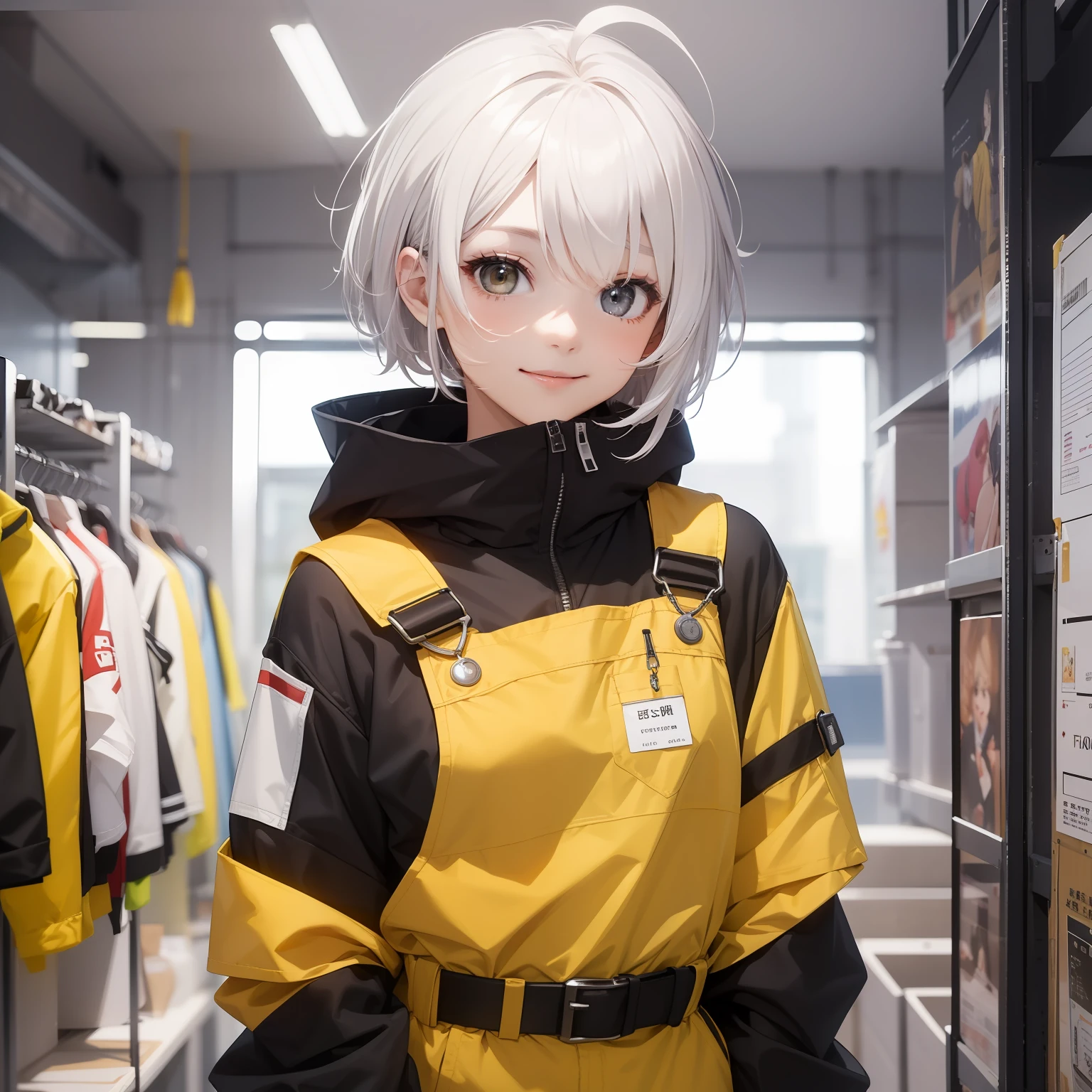 ((masterpiece、top-quality))、(独奏)、(female focus)、(Ahoge、white hair、short-hair)、Black eye、lightsmile、(Workwear、Coveralls、yellow)、is standing、No background、dynamic ungle