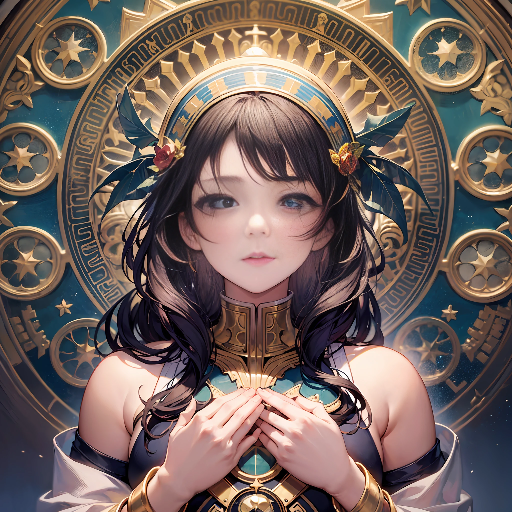 masterpiece, best quality, an extremely delicate and beautiful, ultra high definition, 8k, 2d, a girl, Sacred, upper body, wide shot, religious painting, best light, Symmetrical, Alphonse Mucha, manga, perfect composition