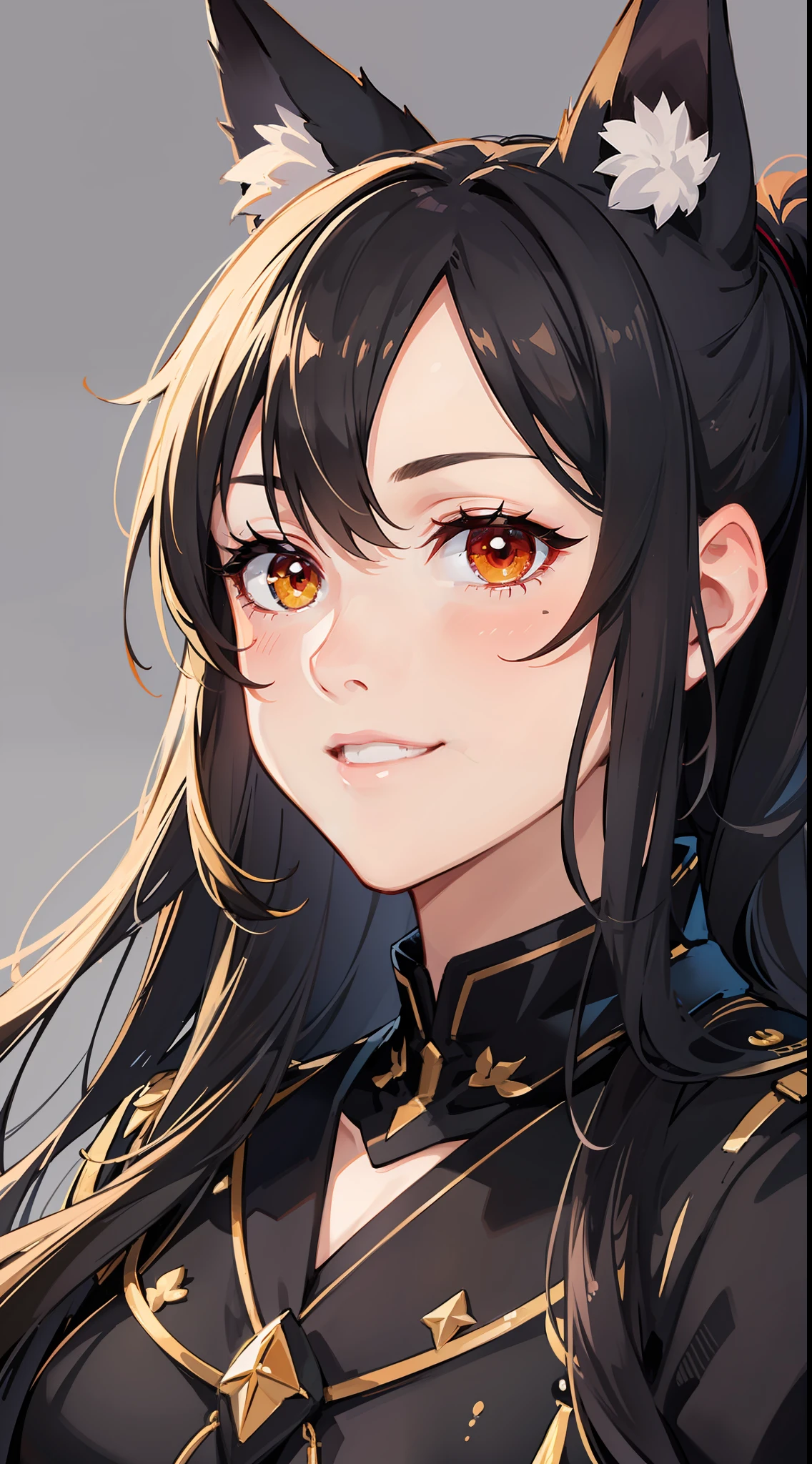 Adult woman, Long black hair, high ponytail, Fox ears, Foxtail, (The left eye is yellow, Red right eye), Combat uniform, Smile, Masterpiece, hiquality