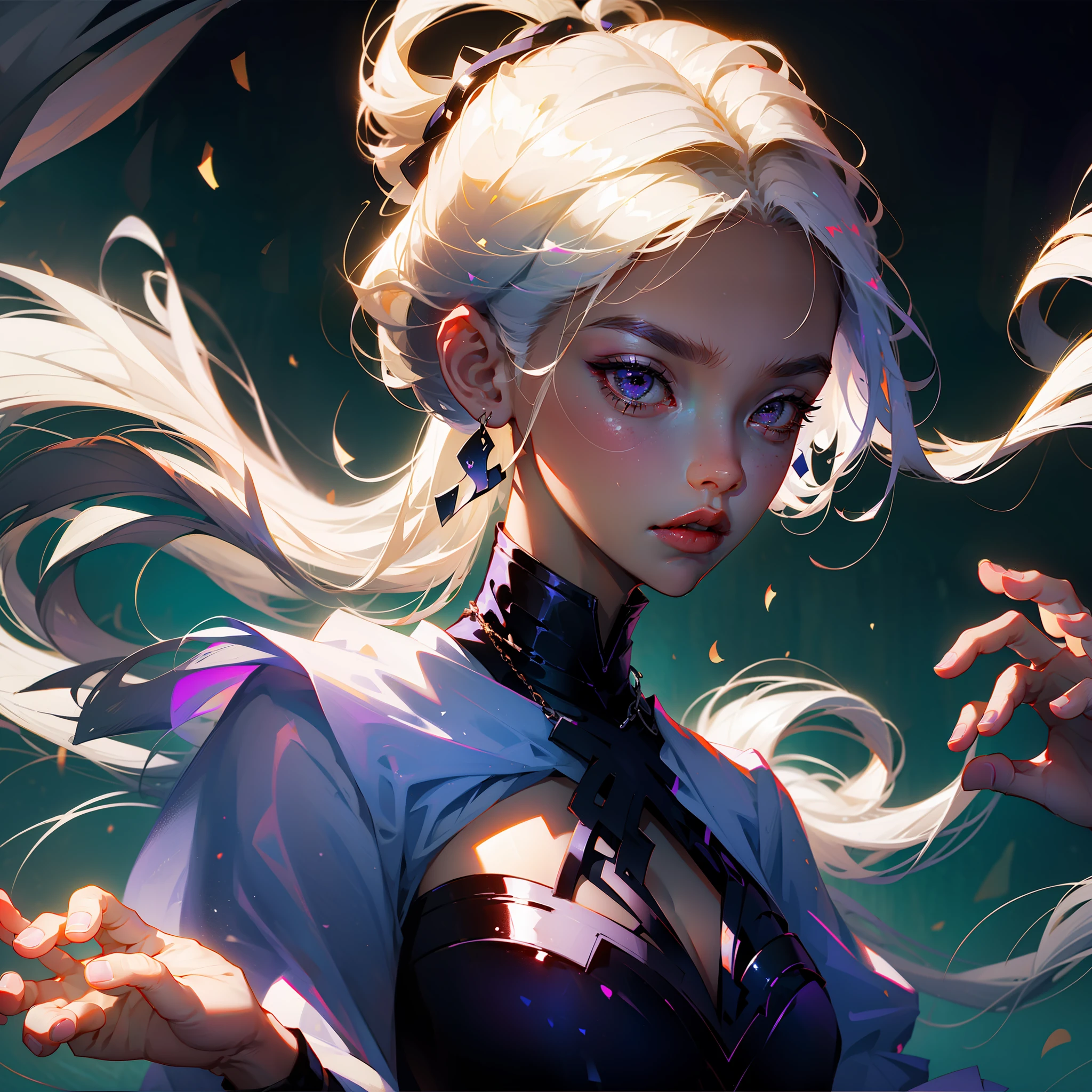 1girl,White hair,O cabelo multicolorido,Purple eye,Wear a mask on your head,Sideslit,light particules,the wallpaper,barechested --auto