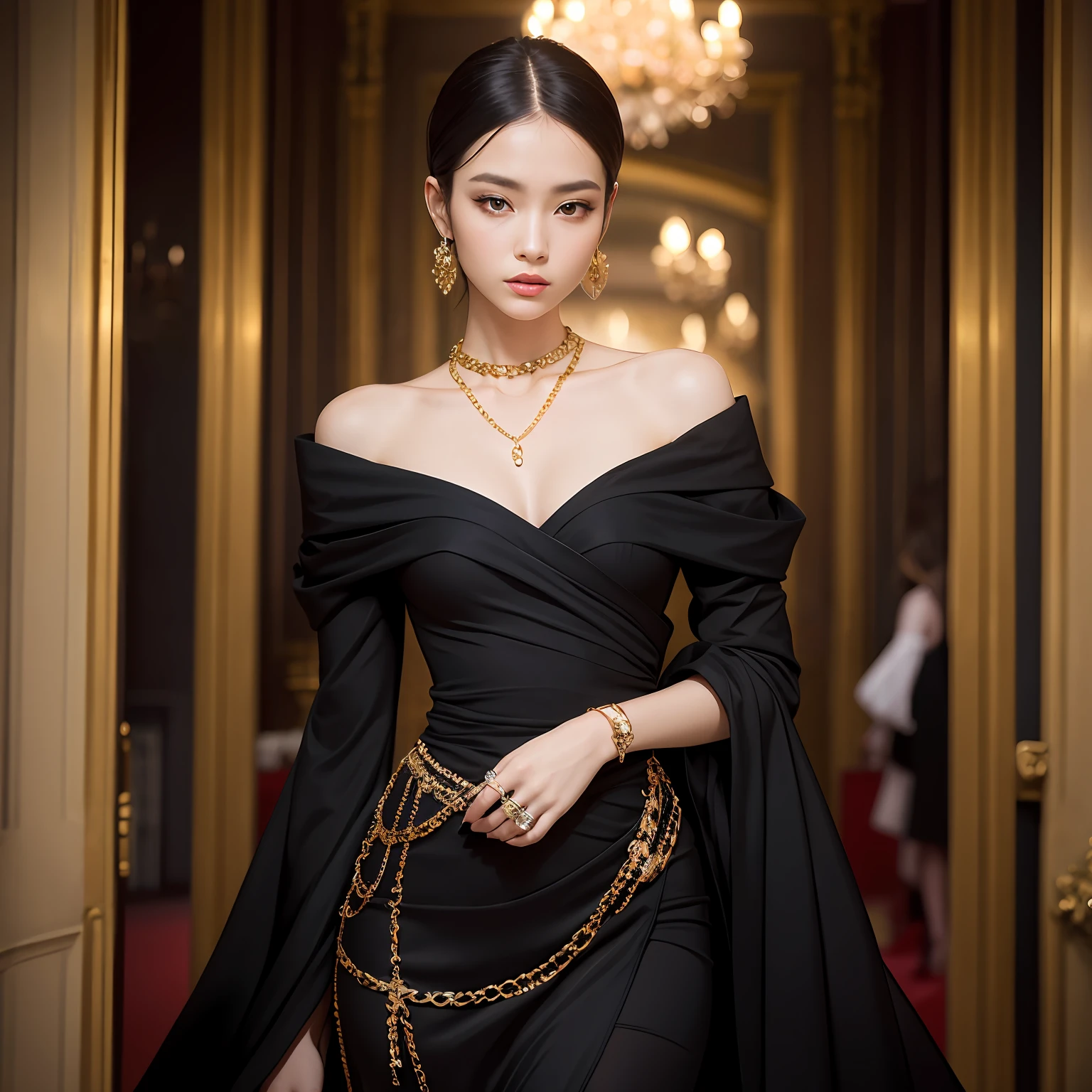 A woman in a dress，Wearing gold chains and jewelry，Dress elegantly，Noble and charming，Christian Dior style that expresses fashion taste，Alexander McQueen Haute Couture showcases chic haute couture，Classic black with noble jewelry，Inspired by designer Marie-Gabriel Capeti，Clothes with shoulder pads，Wear gorgeous black pearls and golden gemstones，Show off the elegance of gilded ribs，8k，highly  detailed