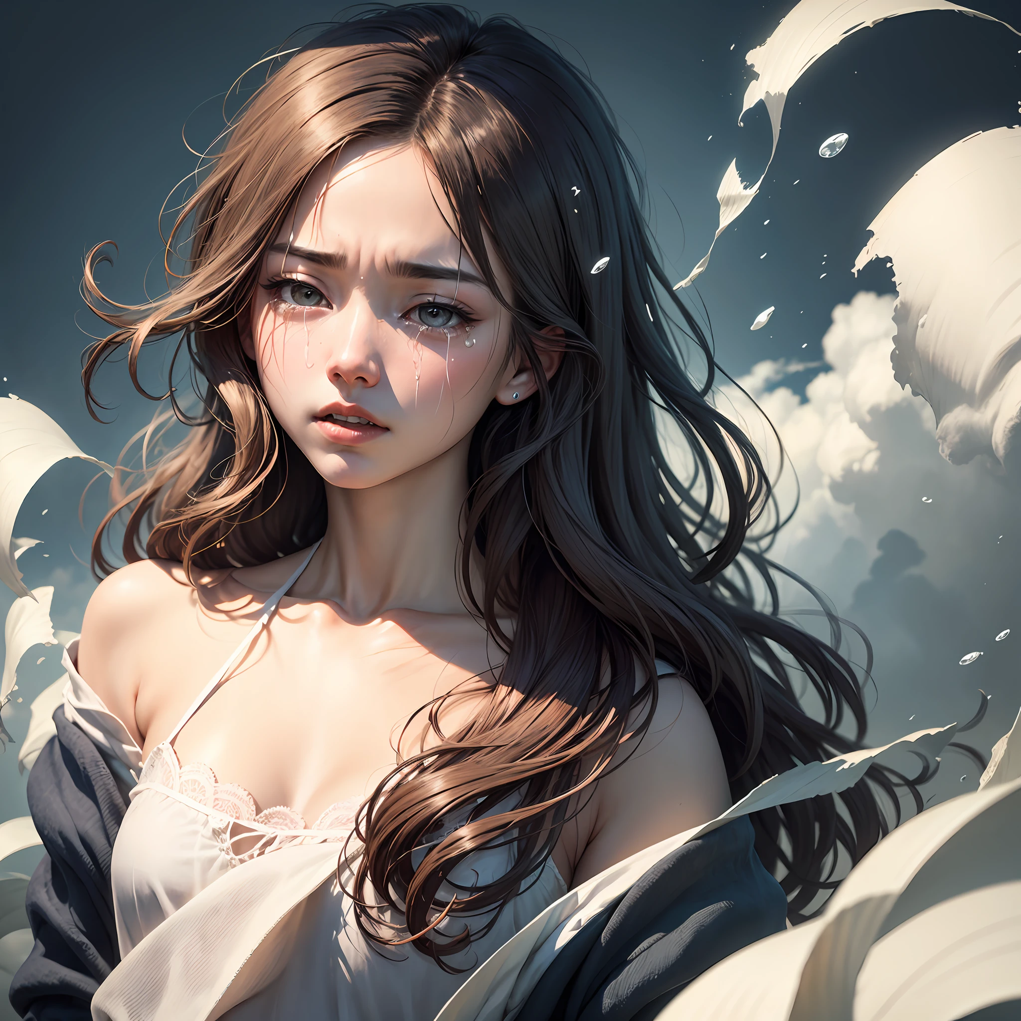 grieves、streaming tears、Big wind、be desperate、long whitr hair、petty eyes、femele --auto