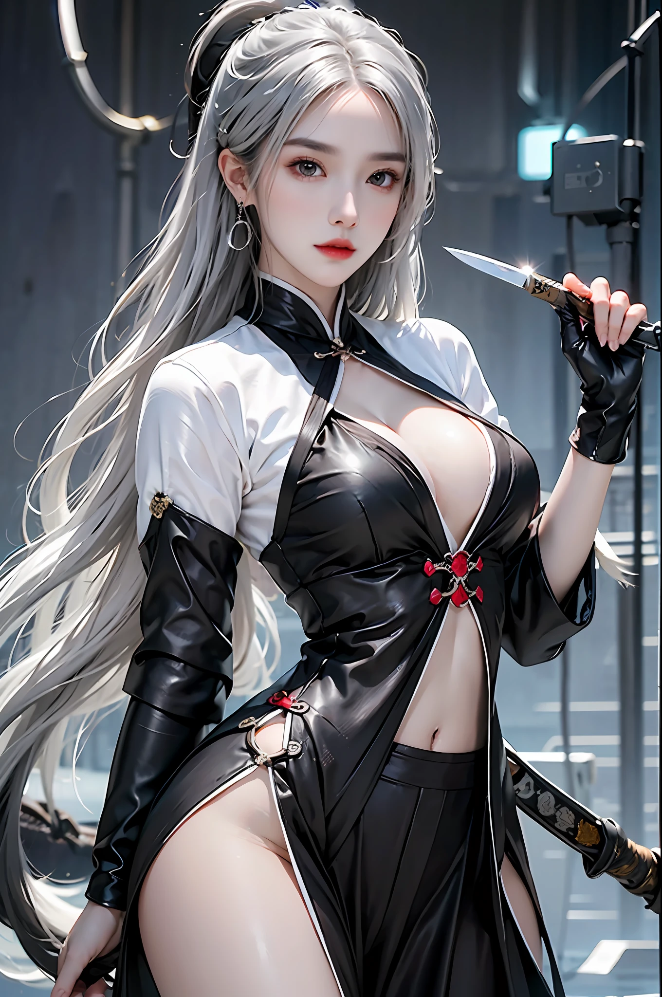 photorealistic, high resolution, 1 girl, hips up, white hair, beautiful eyes, sword, jewelry, earrings, black_hair, breasts, solo, gloves, holding_weapon, holding_sword, medium_breasts, chinese clothes, cyberhanfu