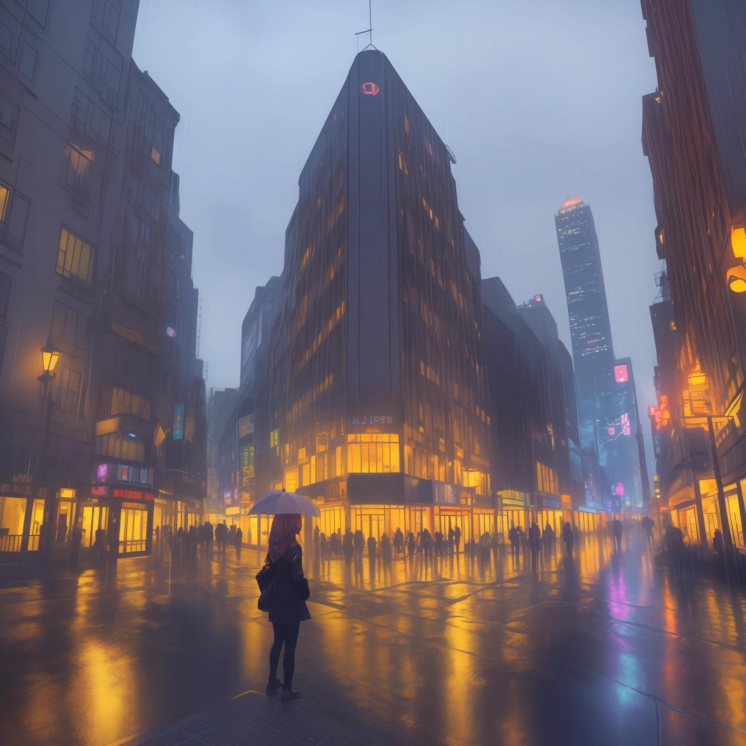 (masterpiece, best quality, Image quality details, very detailed, cyber punk perssonage, Rainy night scene, Ding Zhen, raincoat, urban style, cyberpunk style, high resolution, dynamic angle, dynamic pose, (1 character), Orange and yellow two-color hair:1.3+Purple hair, Cool glasses, silver piercing, Versatile tool,Layered lighting,Street lamp dyeing, Long streets, style of surrealism,water dripping,Reflective,rain drops,Moisture,Blurred vistas)。 --auto