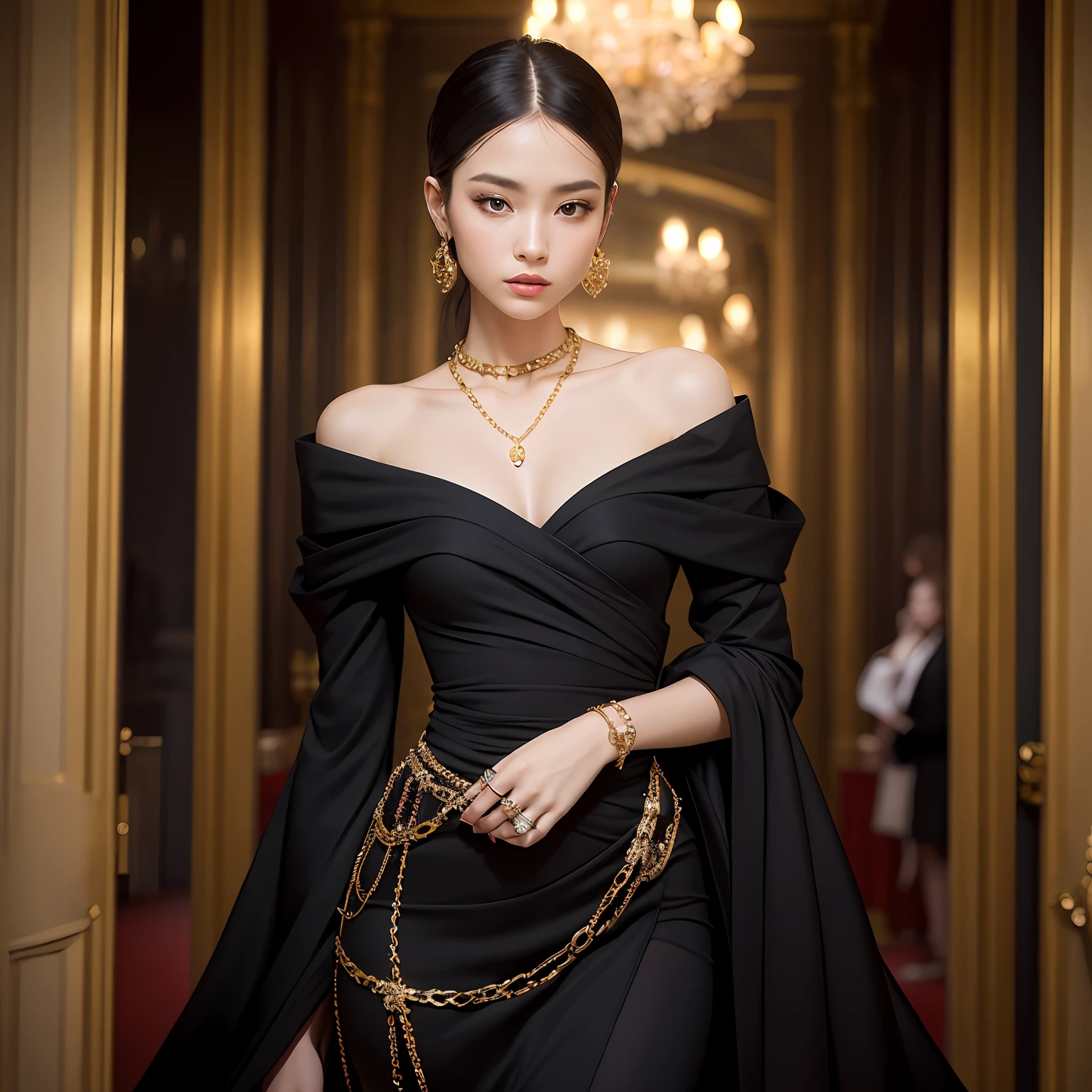 A woman in a dress，Wearing gold chains and jewelry，Dress elegantly，Noble and charming，Christian Dior style that expresses fashion taste，Alexander McQueen Haute Couture showcases chic haute couture，Classic black with noble jewelry，Inspired by designer Marie-Gabriel Capeti，Clothes with shoulder pads，Wear gorgeous black pearls and golden gemstones，Show off the elegance of gilded ribs，8k，highly  detailed