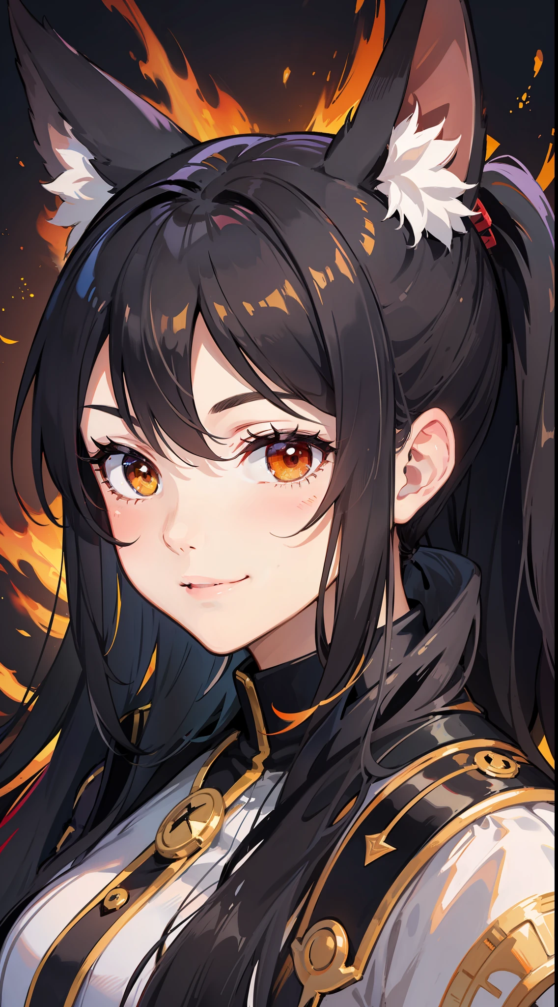 Adult woman, Long black hair, high ponytail, Fox ears, Foxtail, (The left eye is yellow, Red right eye), Combat uniform, Smile, Masterpiece, hiquality