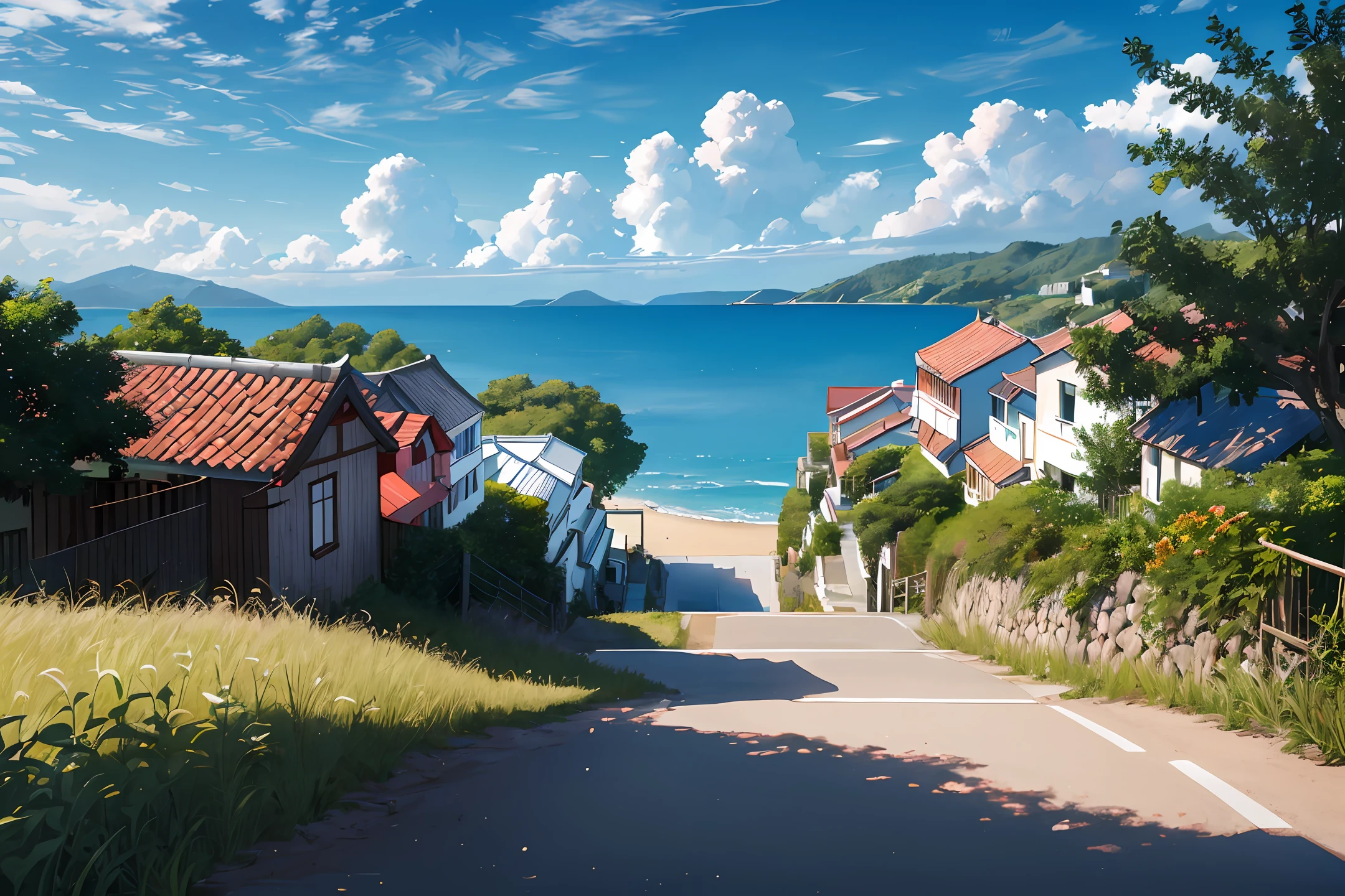 beachside,There is a path in the mountains that stretches into the distance,There is grass on the side of the road,There is a small village by the sea at the end of the road,The sky is blue,There is a large white cloud in the sky,high high quality,4k,8k,超高分辨率,Super refined