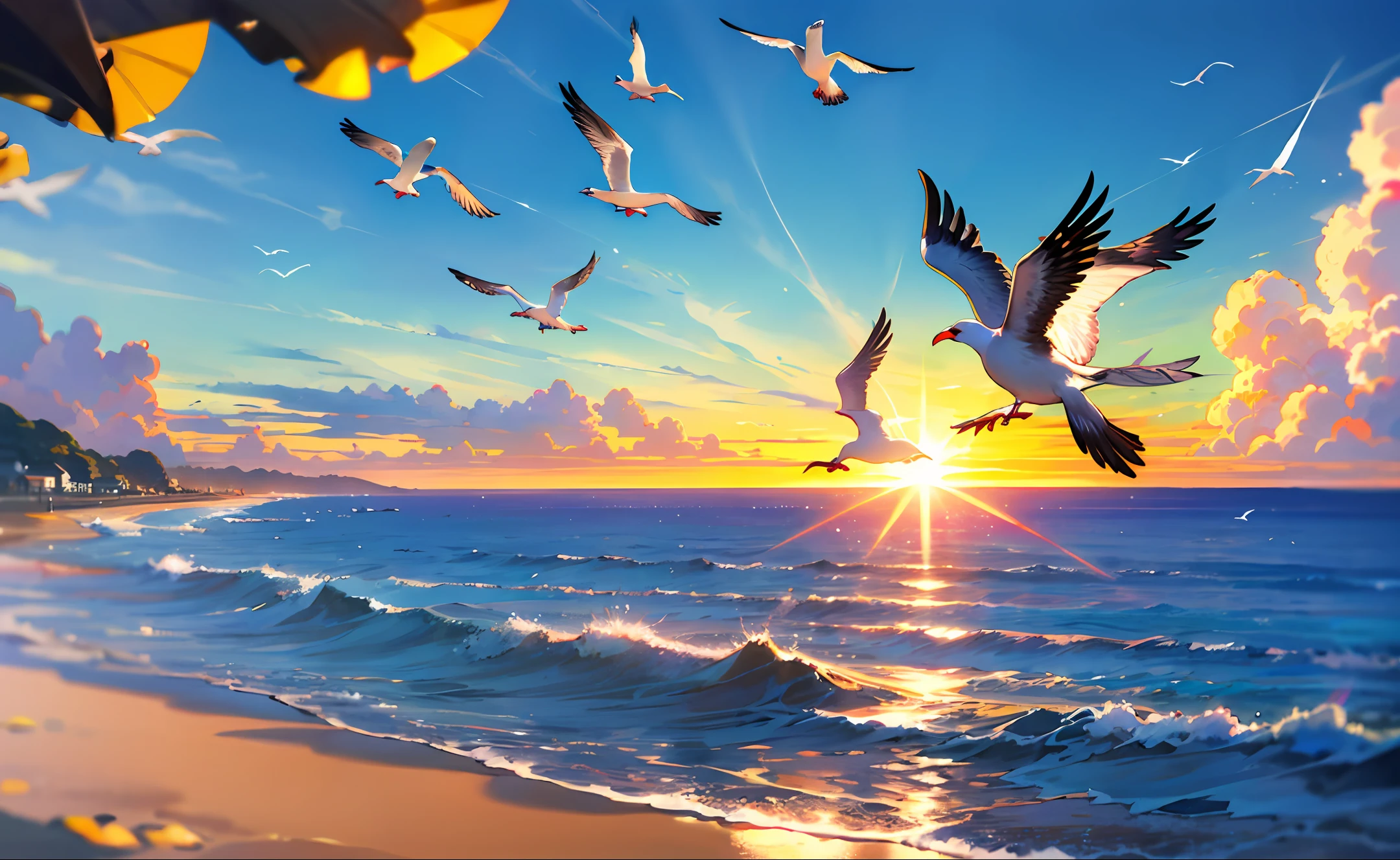 image 
 sunner sea with seagulls and sun morning