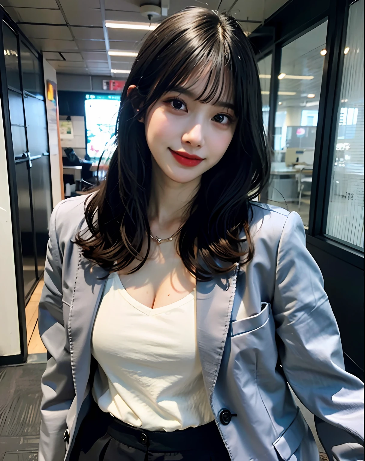 (top-quality:1.4)、8K、hard disk、ultraclear、女の子1人、(large full breasts:1.2)、Black-haired、(Heart-shaped pupil 1)、(Tongue out:1.2)、Bijo:1.3、short-cut、(weeping:1.3)、cleavage、crotch grab、in the darkness nigth、deep-shadows、A smile、Bust、a miniskirt,gray tailored jacket,Office、Show off your panties to viewers、White panty、