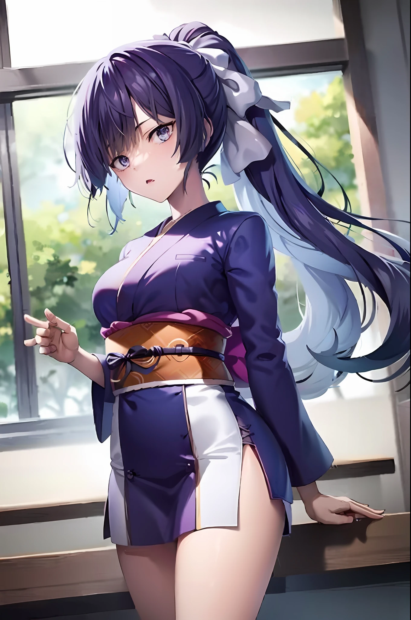 anime girl in a purple outfit with long hair and a white sash, seductive anime girl, anime moe artstyle, cute anime waifu in a nice dress, anime style 4 k, anime visual of a cute girl, attractive anime girl, beautiful anime girl, smooth anime cg art, high detailed official artwork, clean detailed anime art, in kimono, beautiful anime artwork