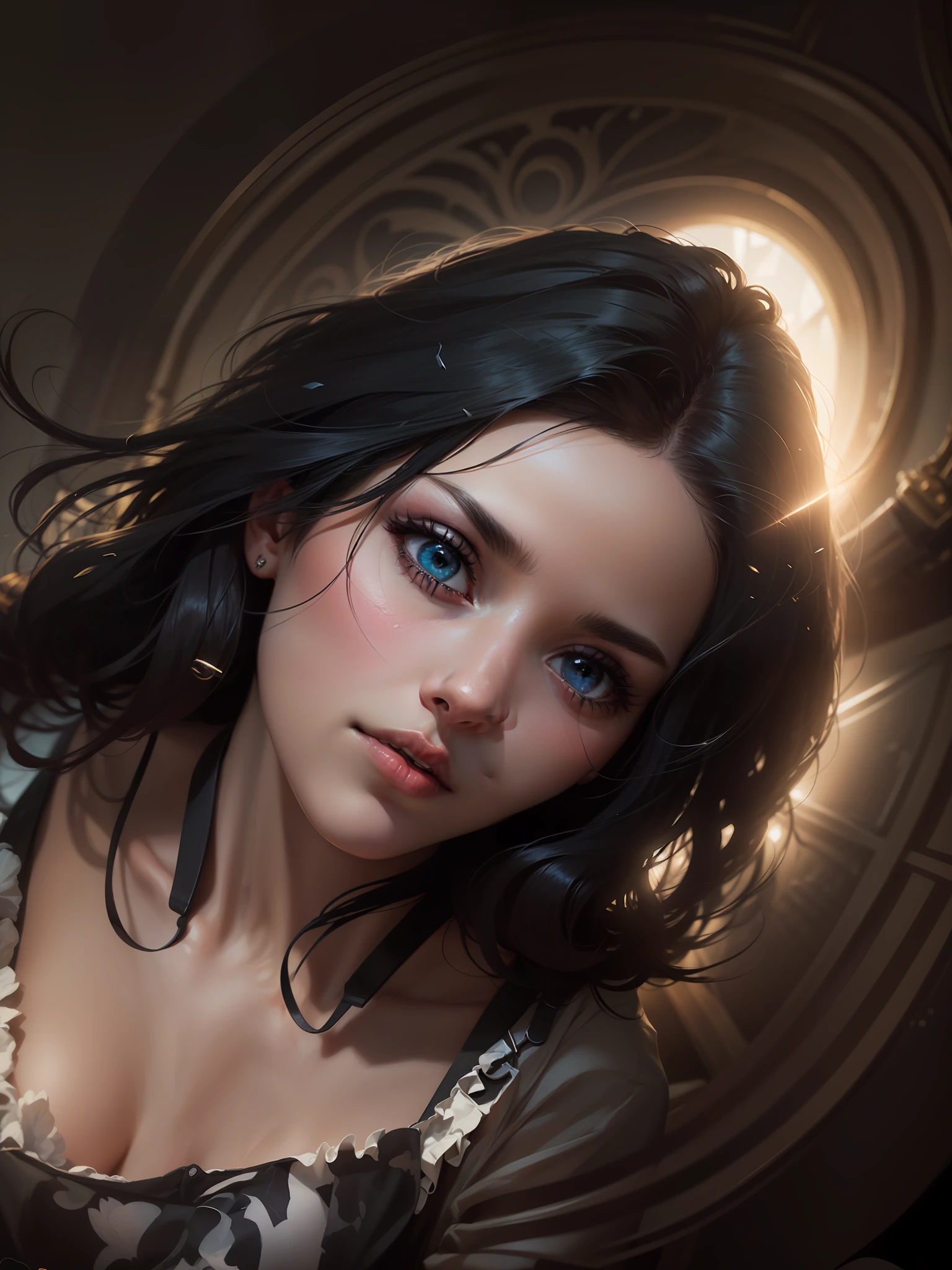 A mesmerizing masterpiece capturing a photorealistic portrayal of a woman with black hair cascading around her face. Her piercing blue eyes, subtly blurred yet captivating, draw the viewer's gaze with an intensity reminiscent of "The Matrix." She gazes directly at the viewer, exuding confidence and intrigue. The lighting is expertly crafted, casting beautiful shadows and highlighting her features with professional precision. The background is softly blurred, emphasizing her presence while maintaining a sense of depth. The portrait exudes a sense of realism, with meticulous attention to detail, including the texture of her short hair and the subtle nuances of her parted lips. The image showcases a film grain effect, adding an artistic touch and enhancing the overall atmosphere