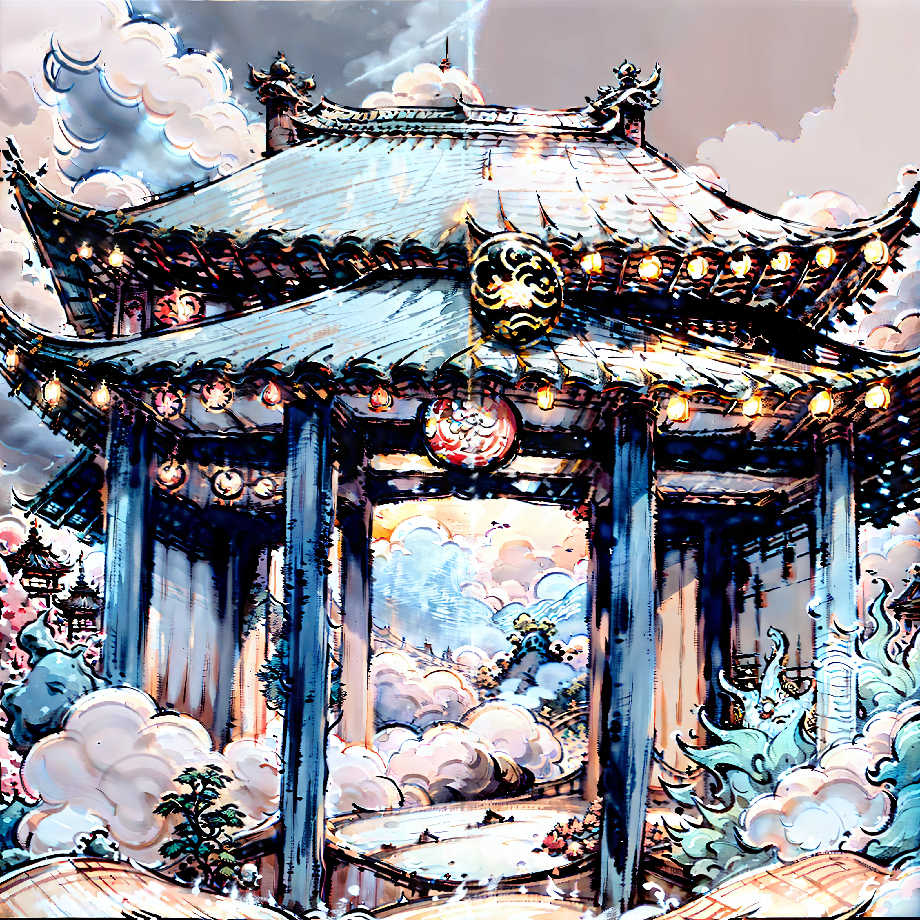The plaque reads Luan Sheng Pavilion,wonderland,loft,clouds,mont,