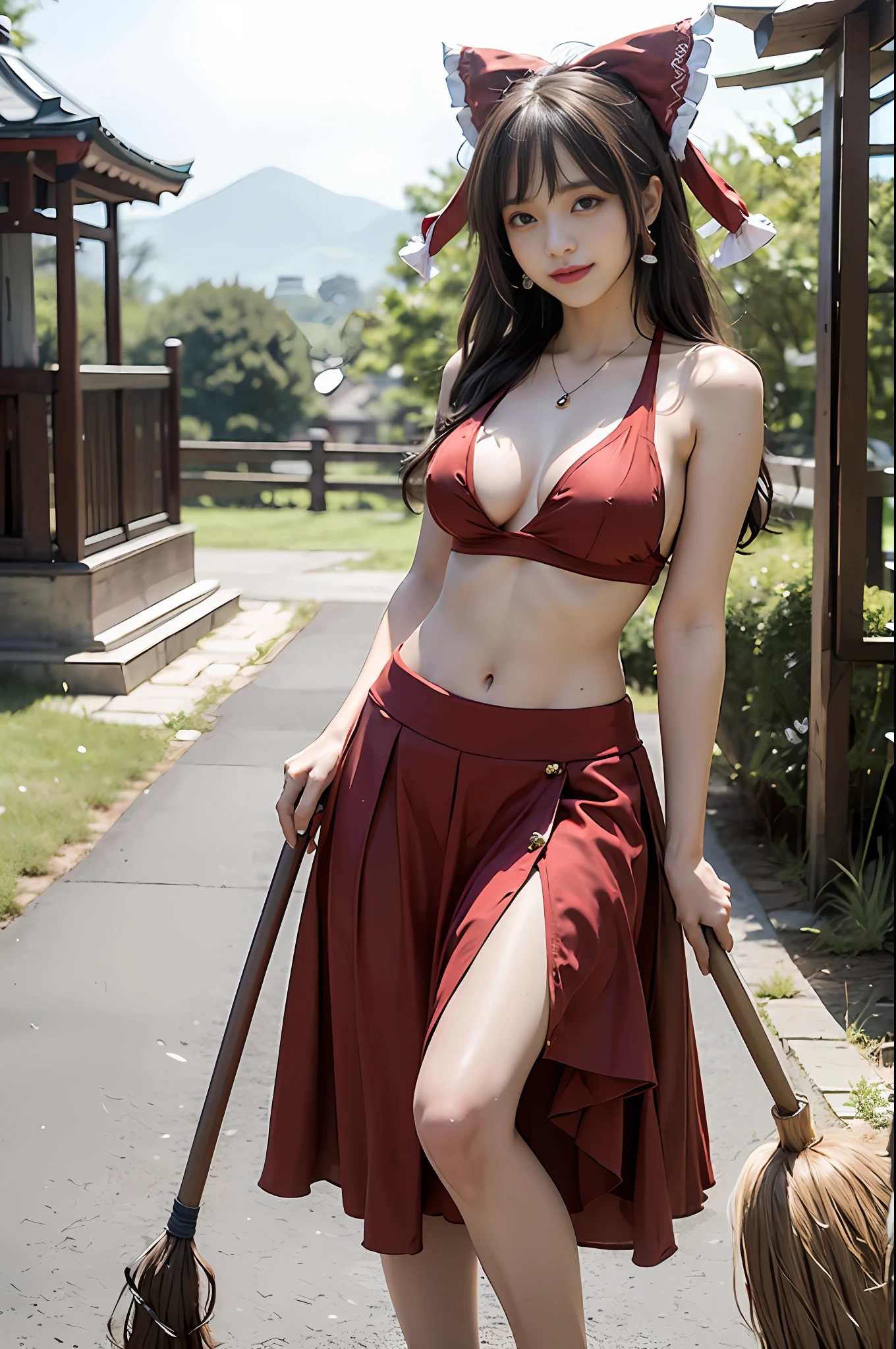 ((Borei Reimu)), ((Touhou Project)), Cosplay, ((Brown hair)), ((Long hair)), (Bangs)), ((Red Ribbon)))), ((Red Skirt))), (Middle Breast), (Open Clothes)))), (Sleeveless))), ((Navel)), (Pause)))), (Devil's Smile)))), (Shrine))), 18-year-old female model, Slim girl model, ((Broom)))