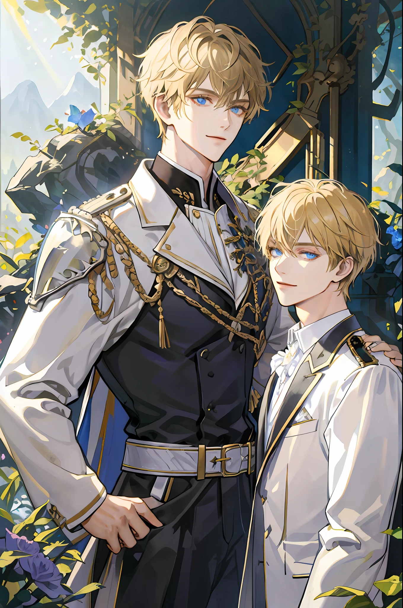 ((Masterpiece: 1.2, top quality)), ((2 men)), short blond hair, blue eyes (handsome: 1.4), white suit, uniform, royalty, tough black knight, short black hair, golden eyes, scar on right eye, black armor, fantasy, forest, blooming flowers, sunlight, fantastic light and shadow, landscape, highly detailed face, portrait, smile