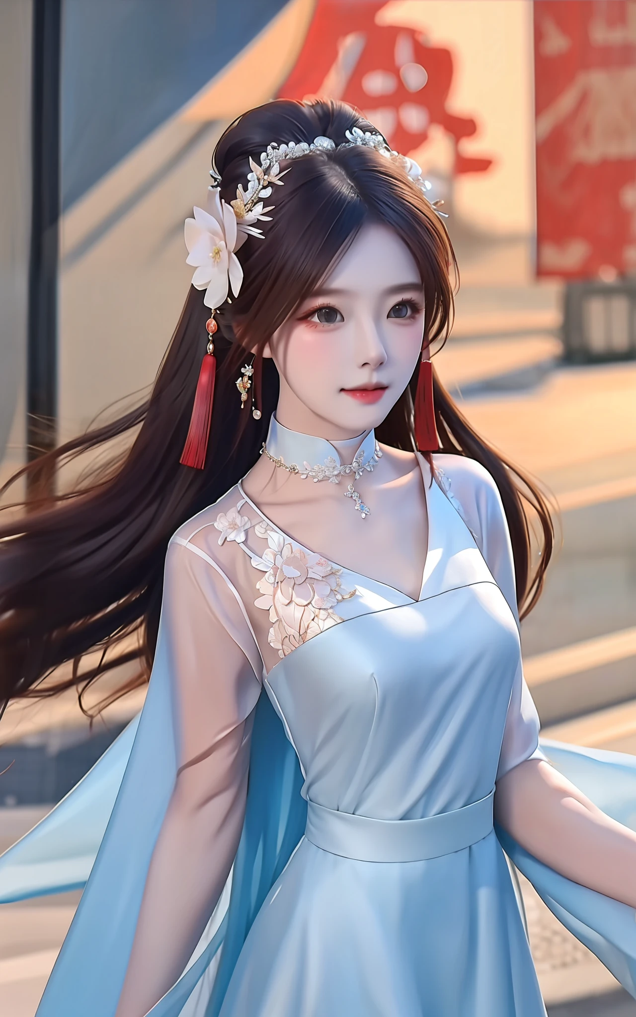 best qualtiy, tmasterpiece, A high resolution, 1girl,Chinese wedding dress,hair adornments,choker necklace,jewely,beauitful face,upon_body,Tyndall effect,realisticlying,dark studio,edge lit,twotonelighting,(highdetailskin:1.2),8k UHD,digital SLR camera,gentle illumination,high high quality,Volumetriclighting,Frankness,photore,A high resolution,4k,8k,bokeh,Floating hair,120 cm hair
