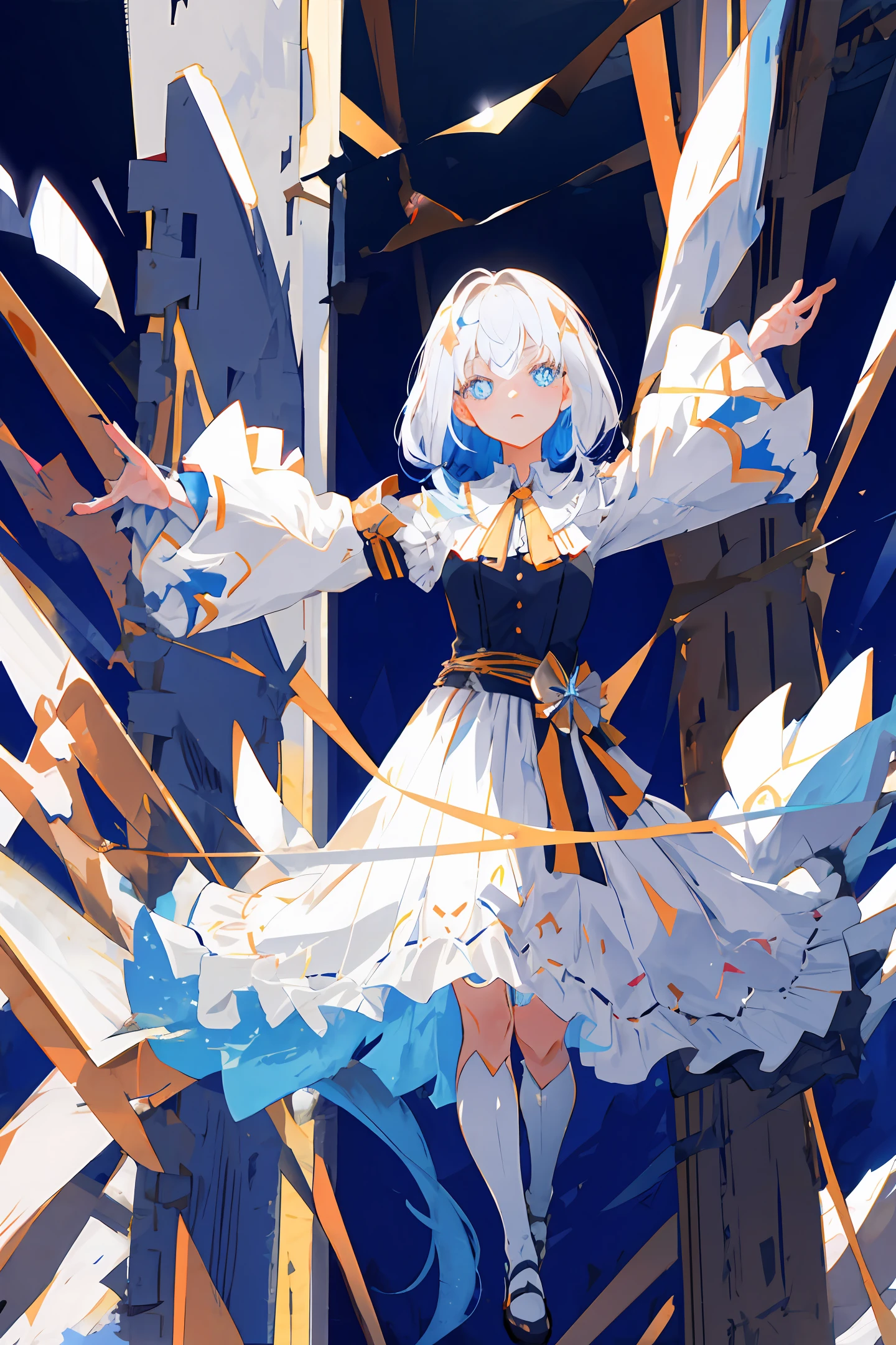 Stretch out,Bronia,White hair,Blue pupils,Long hair and waist,2D,white dresses,Vertical split