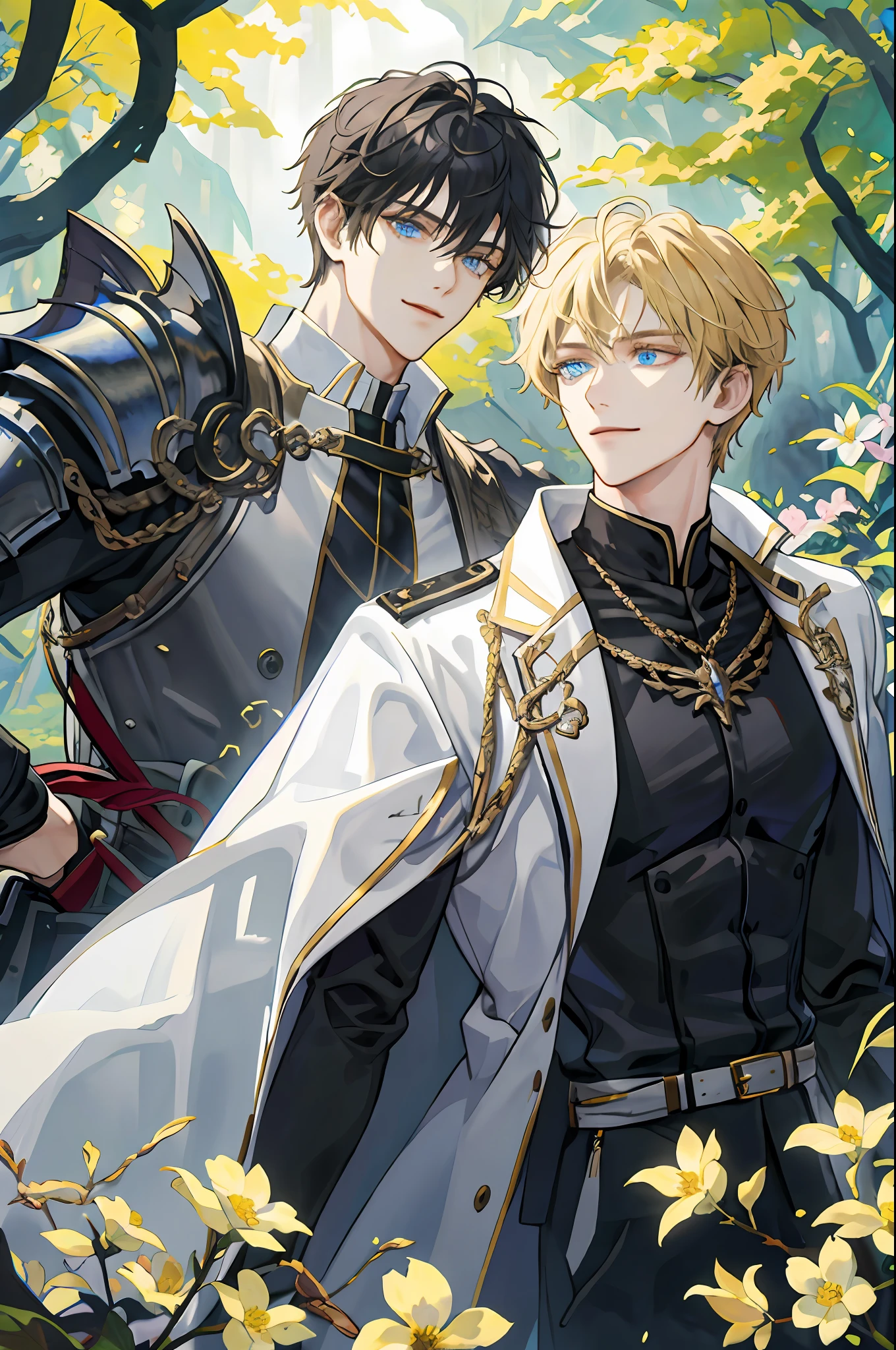 ((Masterpiece: 1.2, top quality)), ((2 men)), short blond hair, blue eyes (handsome: 1.4), white suit, uniform, royalty, tough black knight, short black hair, golden eyes, scar on right eye, black armor, fantasy, forest, blooming flowers, sunlight, fantastic light and shadow, landscape, highly detailed face, portrait, smile
