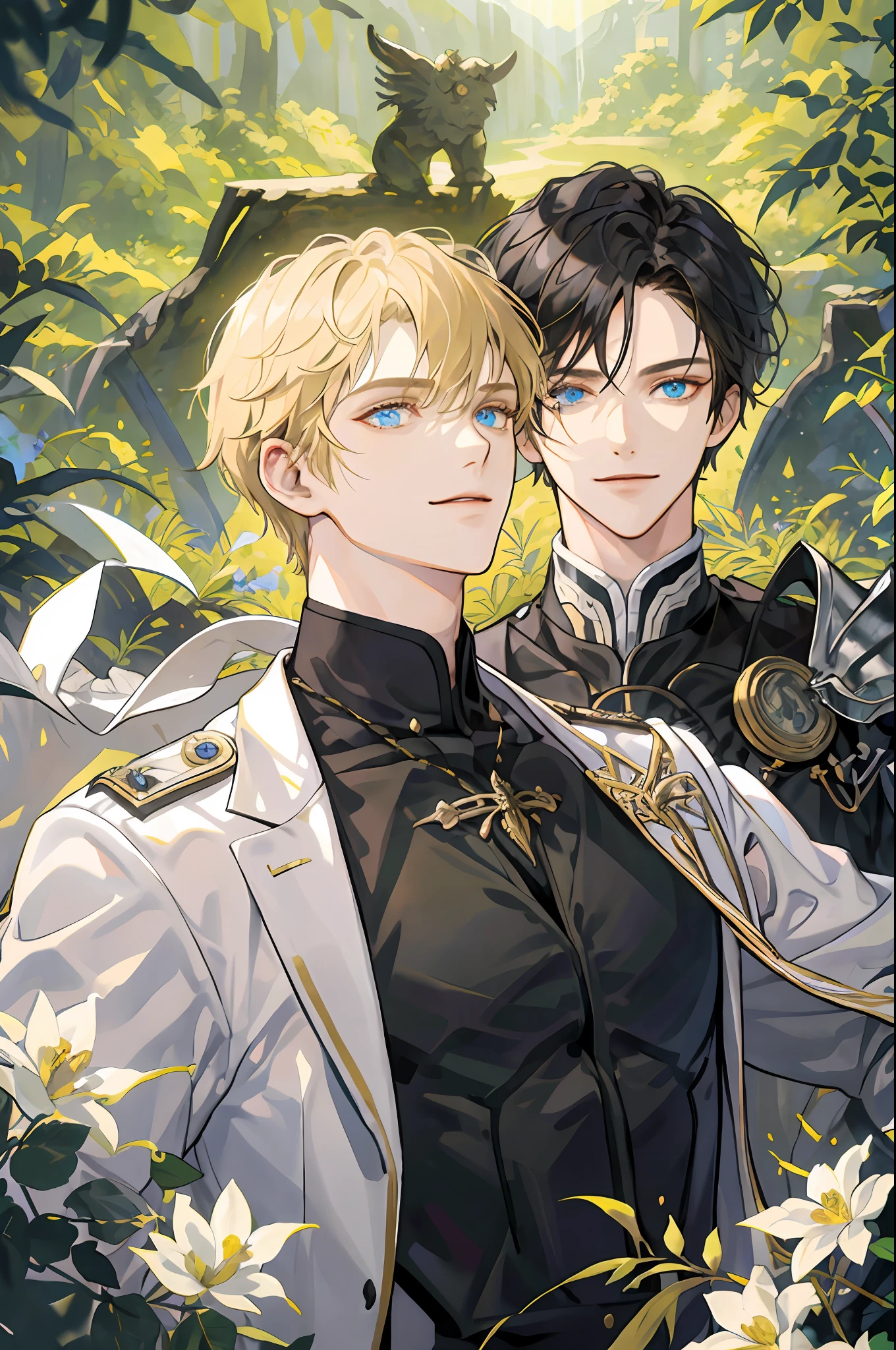 ((Masterpiece: 1.2, top quality)), ((2 men)), short blond hair, blue eyes (handsome: 1.4), white suit, uniform, royalty, tough black knight, short black hair, golden eyes, scar on right eye, black armor, fantasy, forest, blooming flowers, sunlight, fantastic light and shadow, landscape, highly detailed face, portrait, smile