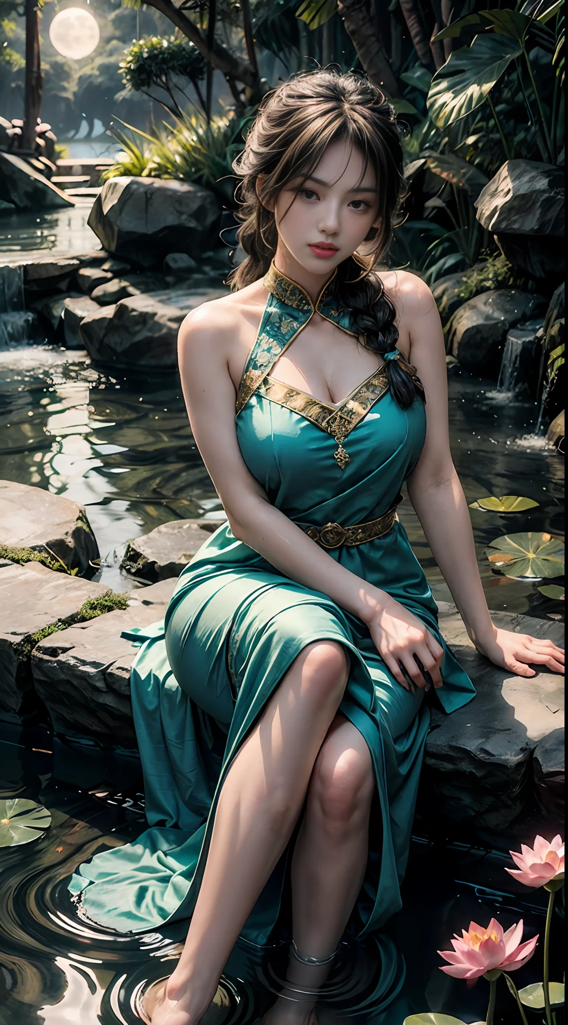 Sitting by a lake full of lotus flowers, feet playing in the water, the art depicts a charming woman with a melon face, dressed in a flowing, silky traditional oriental dress, long, aqua blue, decorated with intricate patterns and bright colors. Her dress drapes elegantly over her curvy figure, accentuating her seductive silhouette. She sits gracefully by the tranquil lotus lake, her feet playing in the water, bathed in the soft glow of the moonlight. The scene exudes an ethereal and dreamy atmosphere, with a touch of mystery and sexiness. The graphic style blends watercolor and digital illustration techniques to evoke a refined beauty and charm. The lights are filled with soft moonlight, casting soft highlights and shadows on her charming features. Bare thighs, big breasts, three-dimensional facial features, sitting, upturned legs, side braids