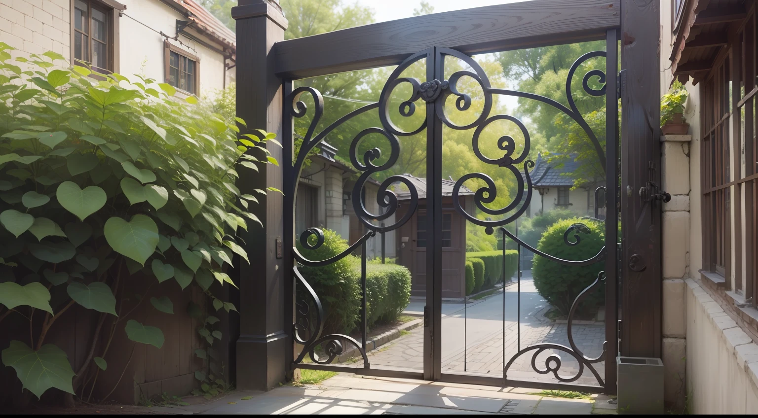 Old neighborhood, Home Door, Quaint, The environment is dim, naive, Old iron gate, Slight abrasion sensation, The walls are old and quaint。