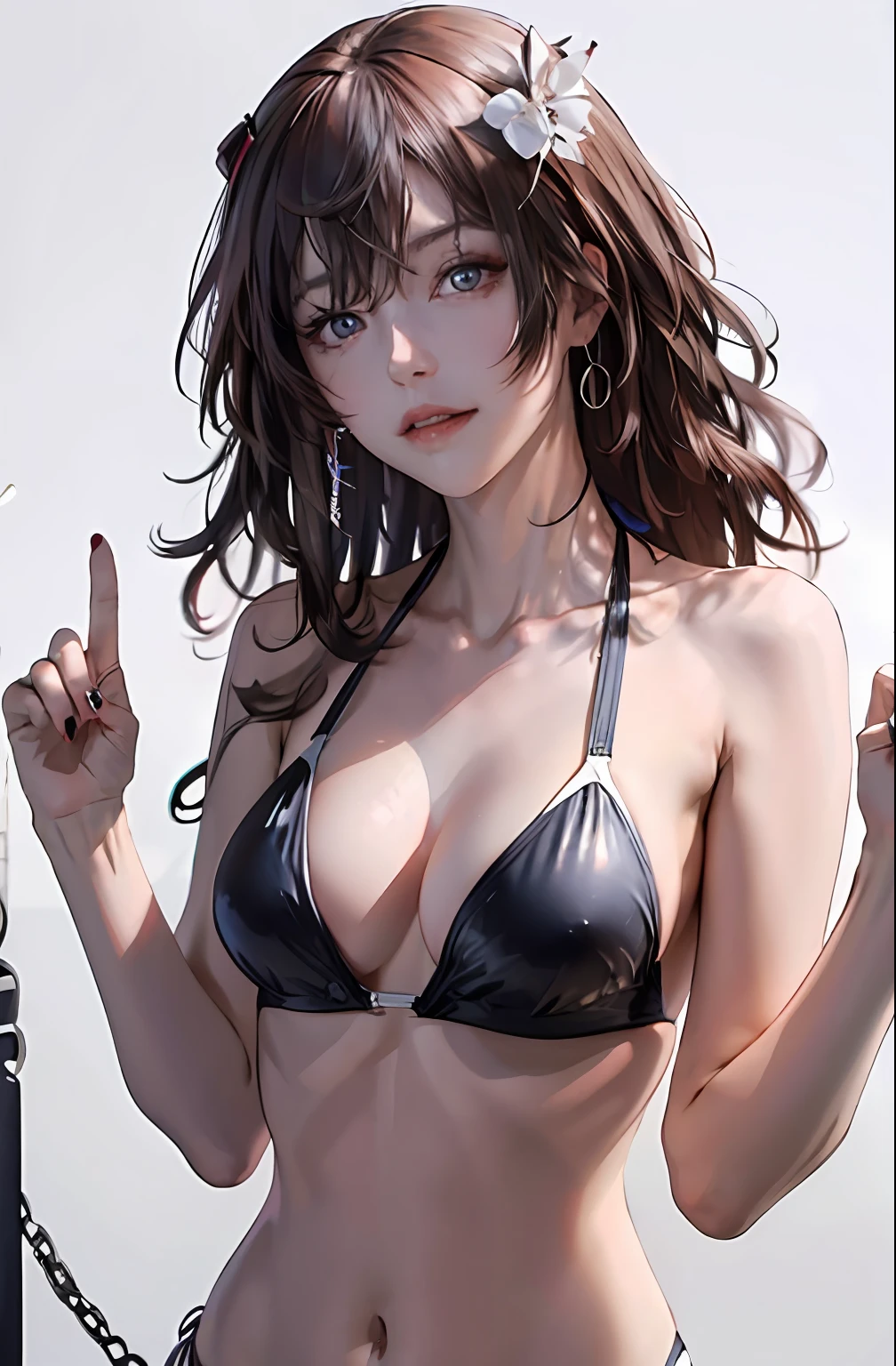 (tmasterpiece), best qualityer, 1girll, middle finger, 独奏, eBlue eyes, brown hair, long whitr hair, nedium breasts, cparted lips, , jewely, looking at viewert, nipple piercing, nail polish, Japanese swimsuit bikini
