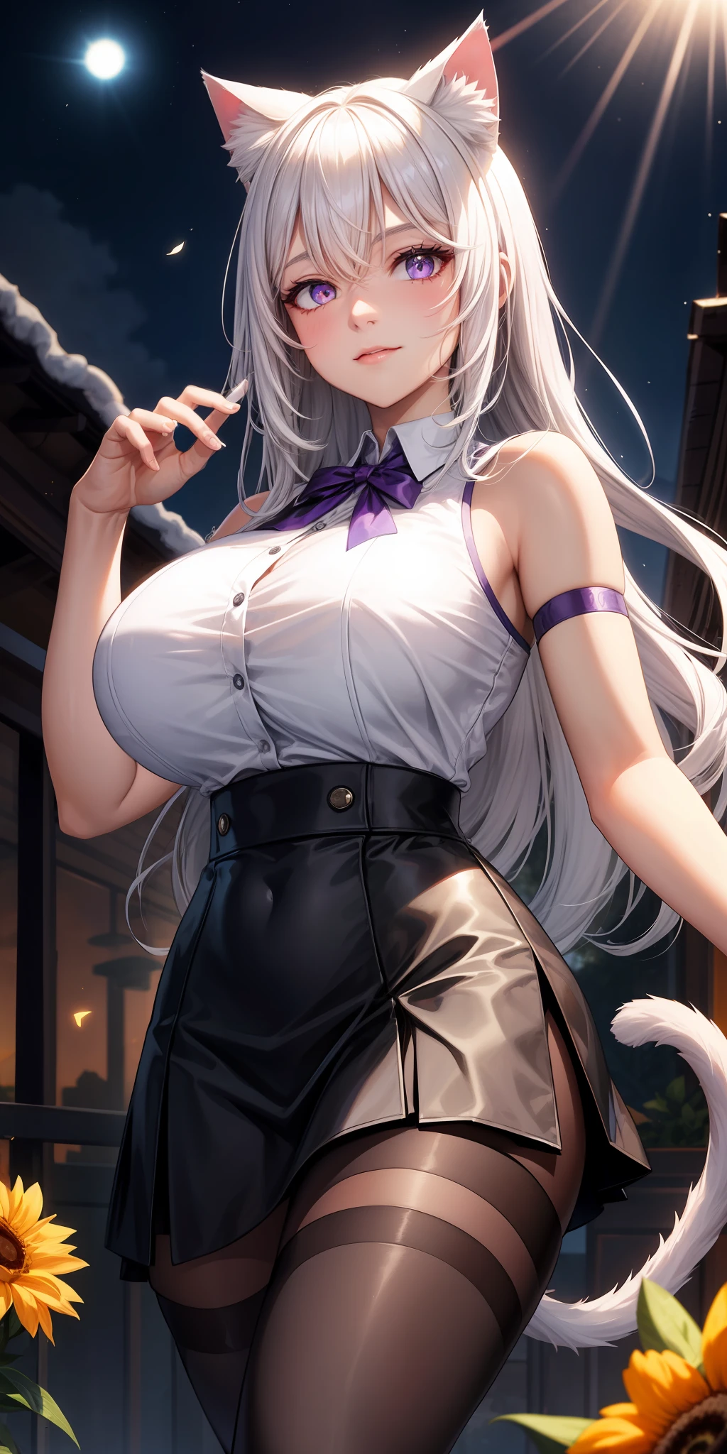 realisticlying,1girl,White hair,Purple eye,glowing light eyes,Cut the top,a skirt,parted lip,Be red in the face,the night,fresh flowers,suns,rays of sunshine,Huge,Seductive expression,Translucent black tights,cat ear,a cat tail,