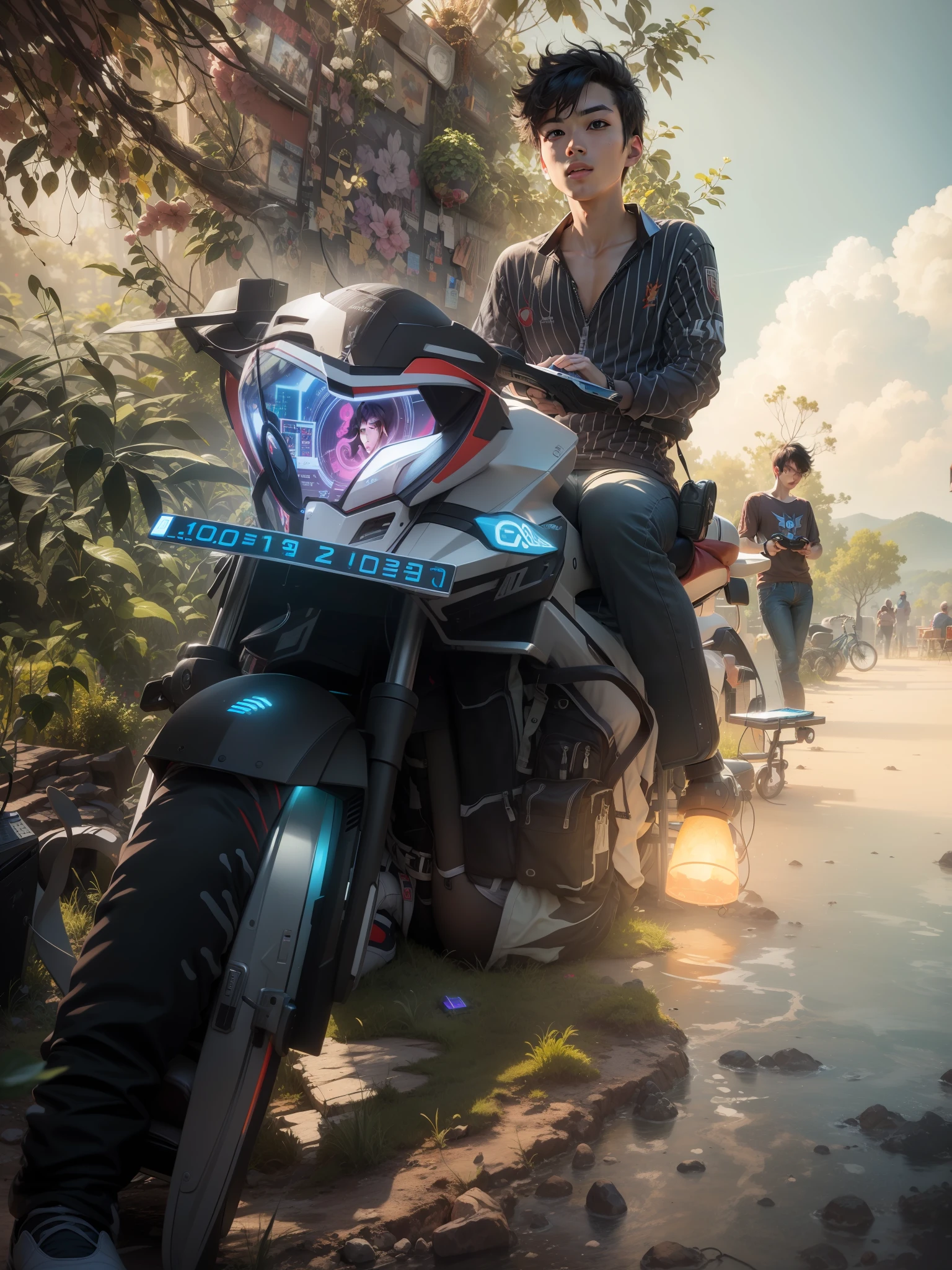 Best quality: 1.0), (Super High Resolution: 1.0), Anime boy, short black hair, blue eyes, sitting in front of computer playing games, background in esports room,