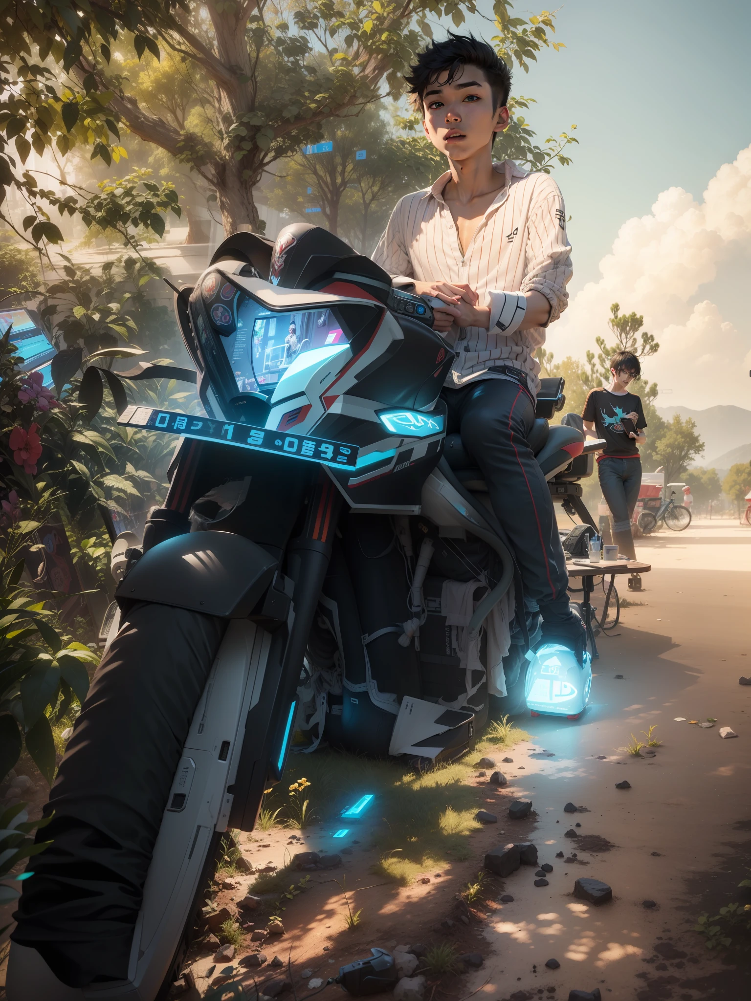 Best quality: 1.0), (Super High Resolution: 1.0), Anime boy, short black hair, blue eyes, sitting in front of computer playing games, background in esports room,