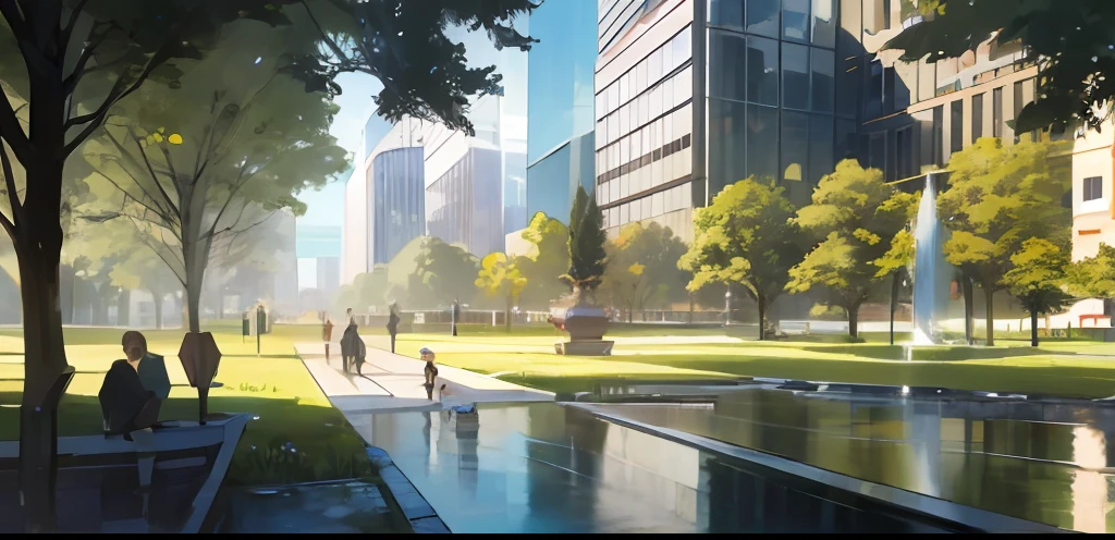 Collage scene,There are many people walking in the park with fountains, Detailed rendering, building rendering, Sunny environment, skyscrapers with greenery, landscape architecture photo, high-resolution details, realistic scene, sharp hq rendering, rendering, sharp foccus ilustration hq, artistation render, detalhe poderoso, full-colour illustration, Higher detailed illustration, high - res, High-res --auto