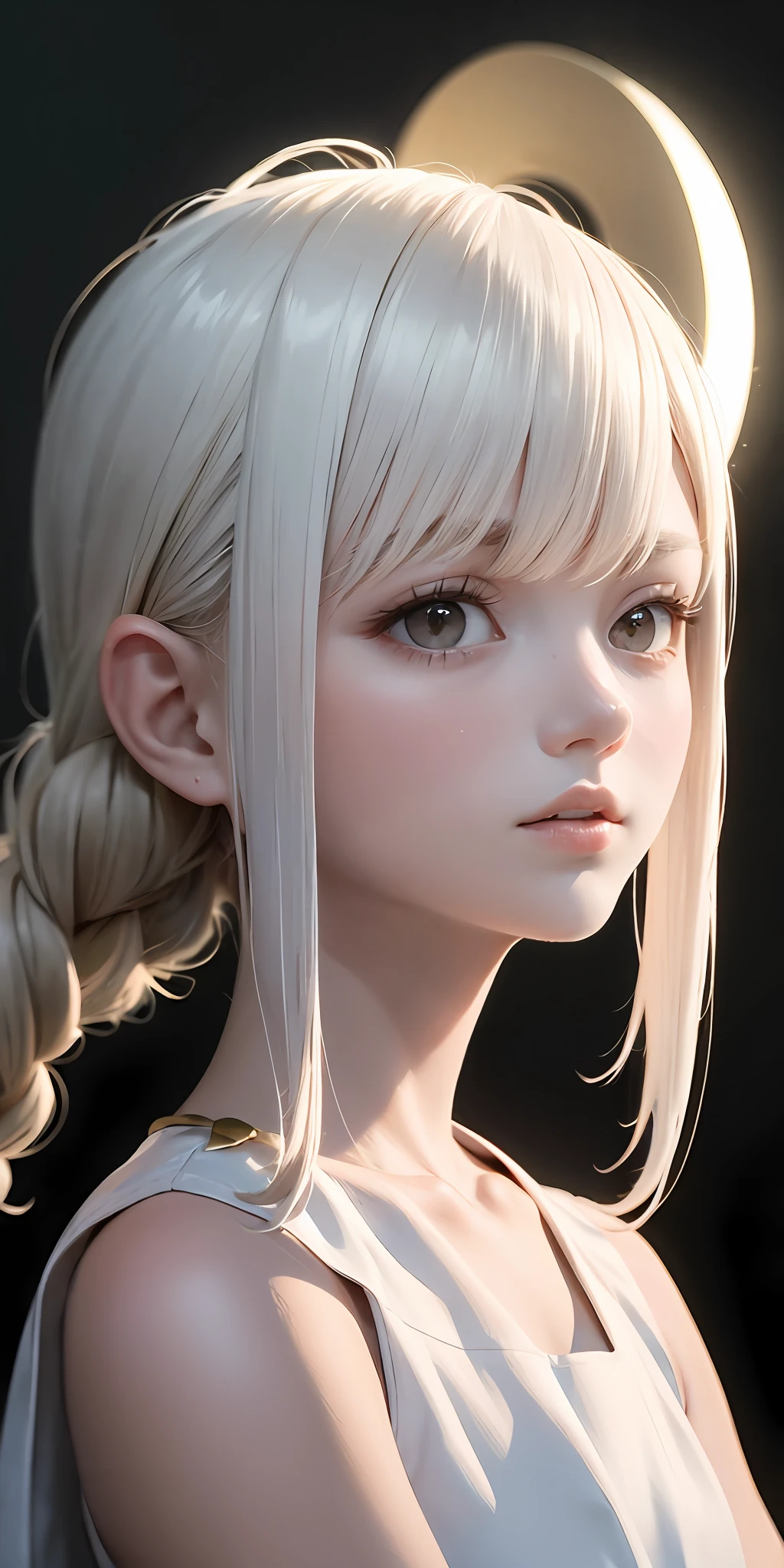 best quality, masterpiece,white hair, gold eyes,white clothes, looking up, upper body,hair strand,Fair skin,side braids