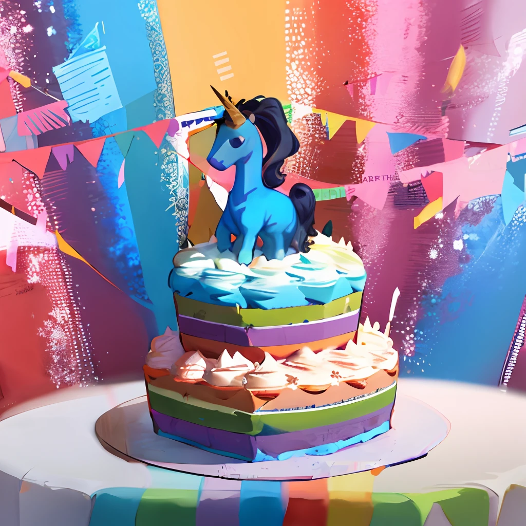 Three layer bright colored rainbow unicorn birthday cake