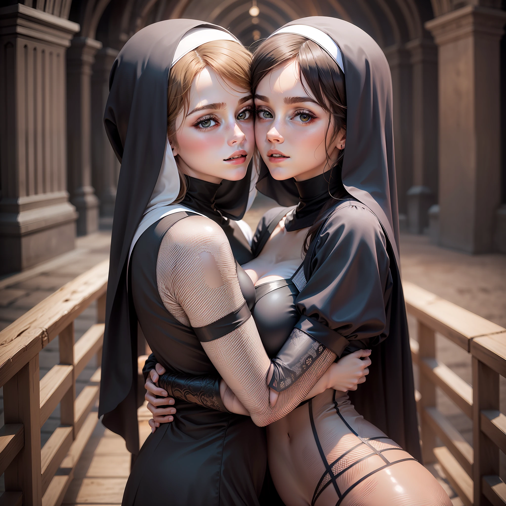 teen emma watson as two sexy nun girsl sitting on a fence. tight intricate short costume. slender body. inside dark cathedral. dark background. hugging and kissing with a blonde girl. sparkly eyes.