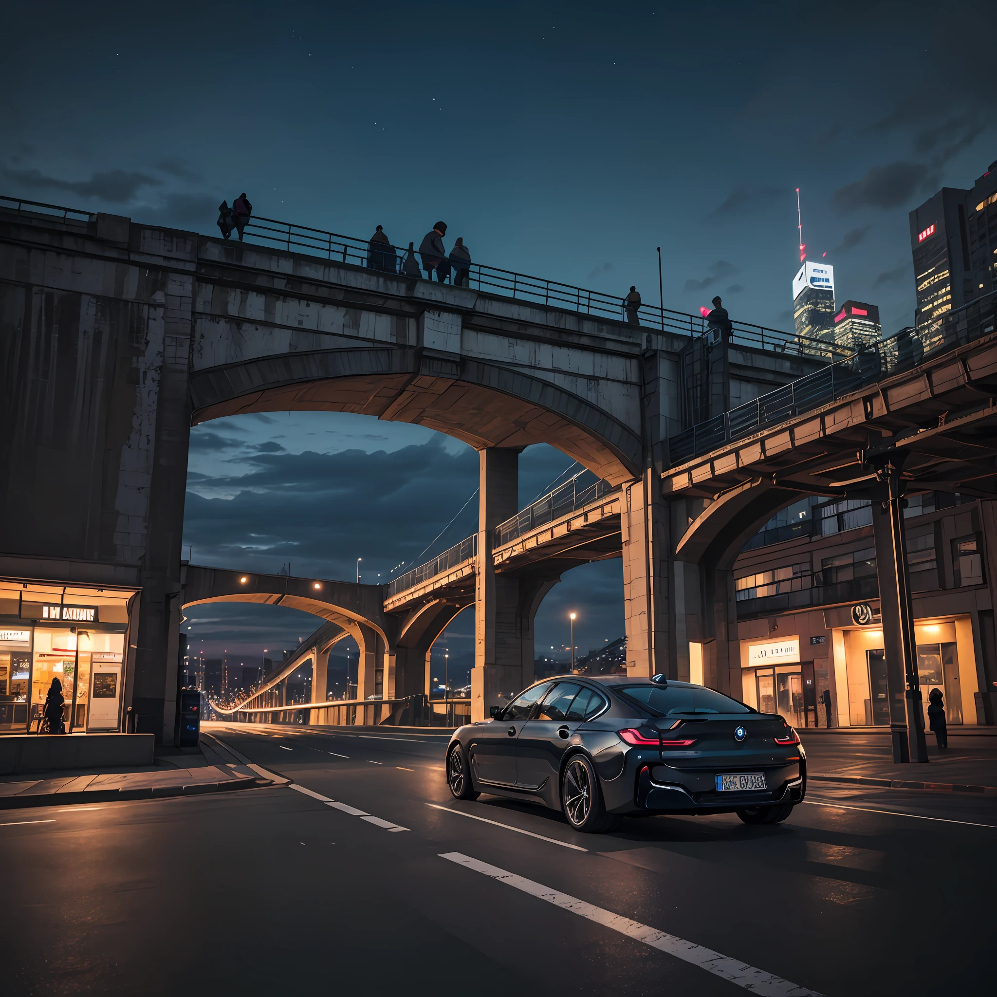 (high-quality, aesthetic) Shot of a sleek Black BMW i4 cruising along a bridge, with a stunning cityscape as the backdrop. A perfect composition without any human presence captures the beauty of the city in the night lights.