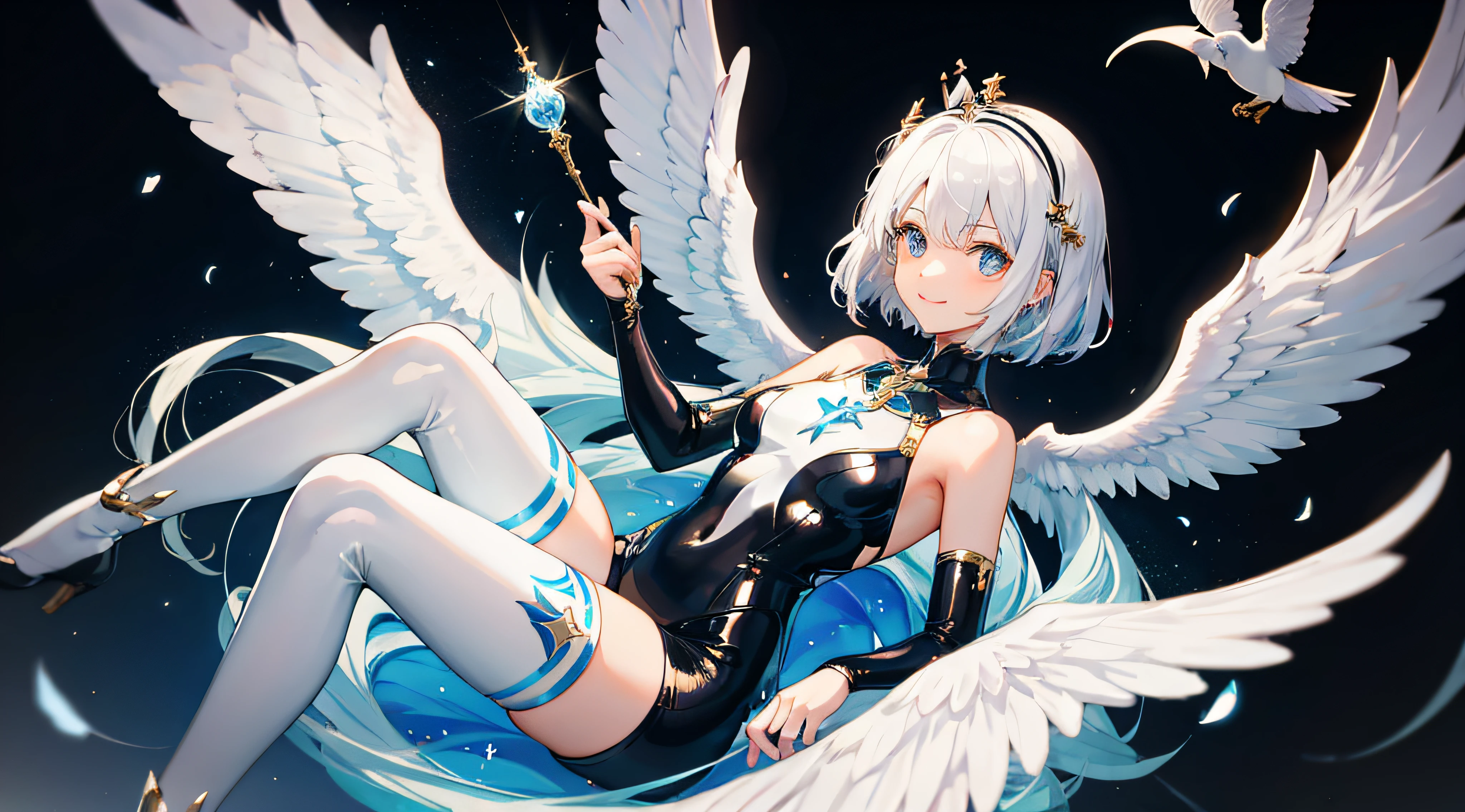 Angel girl with wings，18yr old，Two-dimensional style，Short white hair，Wear a crown set with blue gemstones，wearing bodysuit，nabel，bshoulders，facing to audience，ssmile，Big innocent eyes，The background is in the Kingdom of Heaven