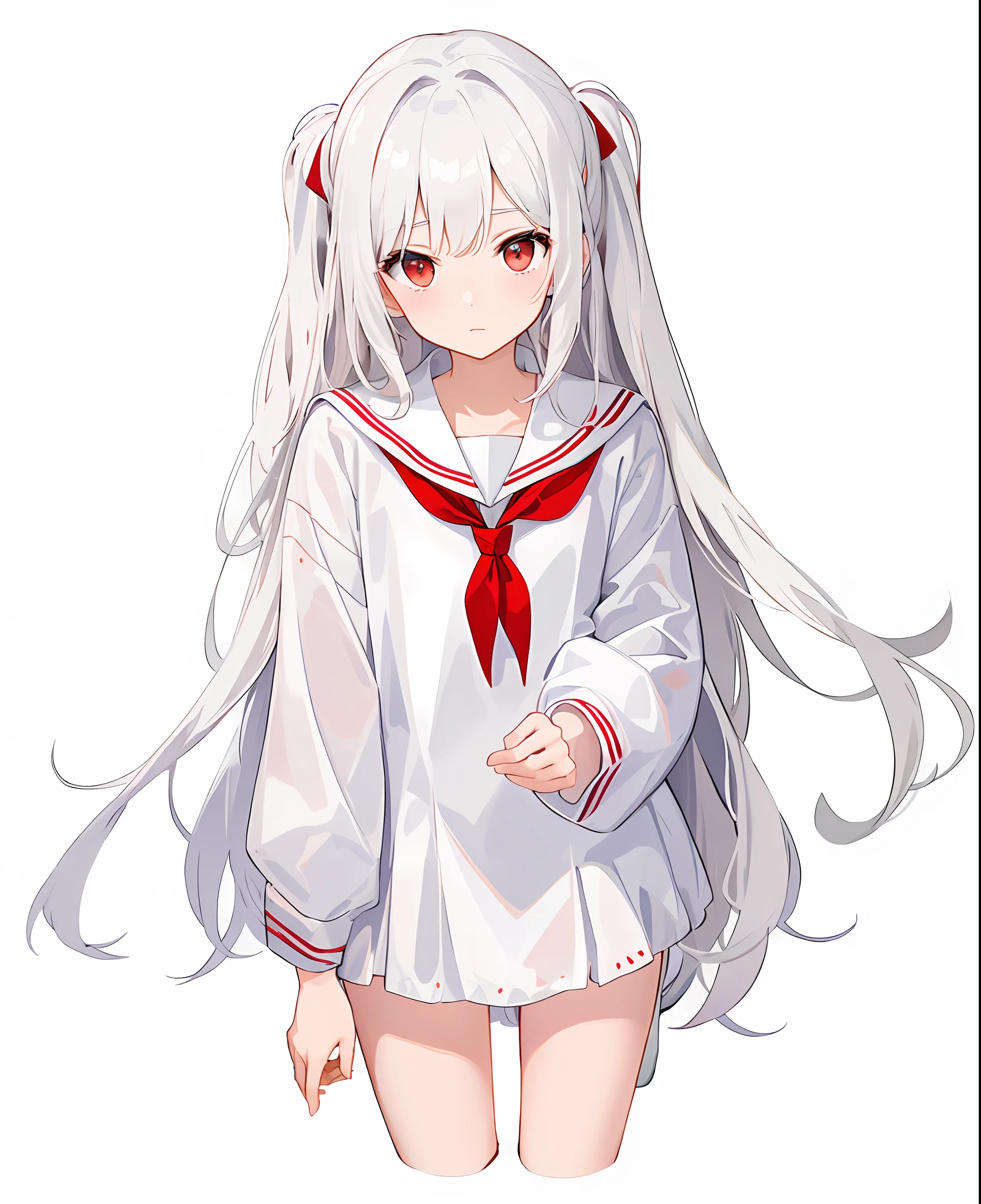 white long straight hair,red color eyes,Two-dimensional painting style,Cute girl,The upper part of the body,White sailor suit,white skinned,Need,tmasterpiece