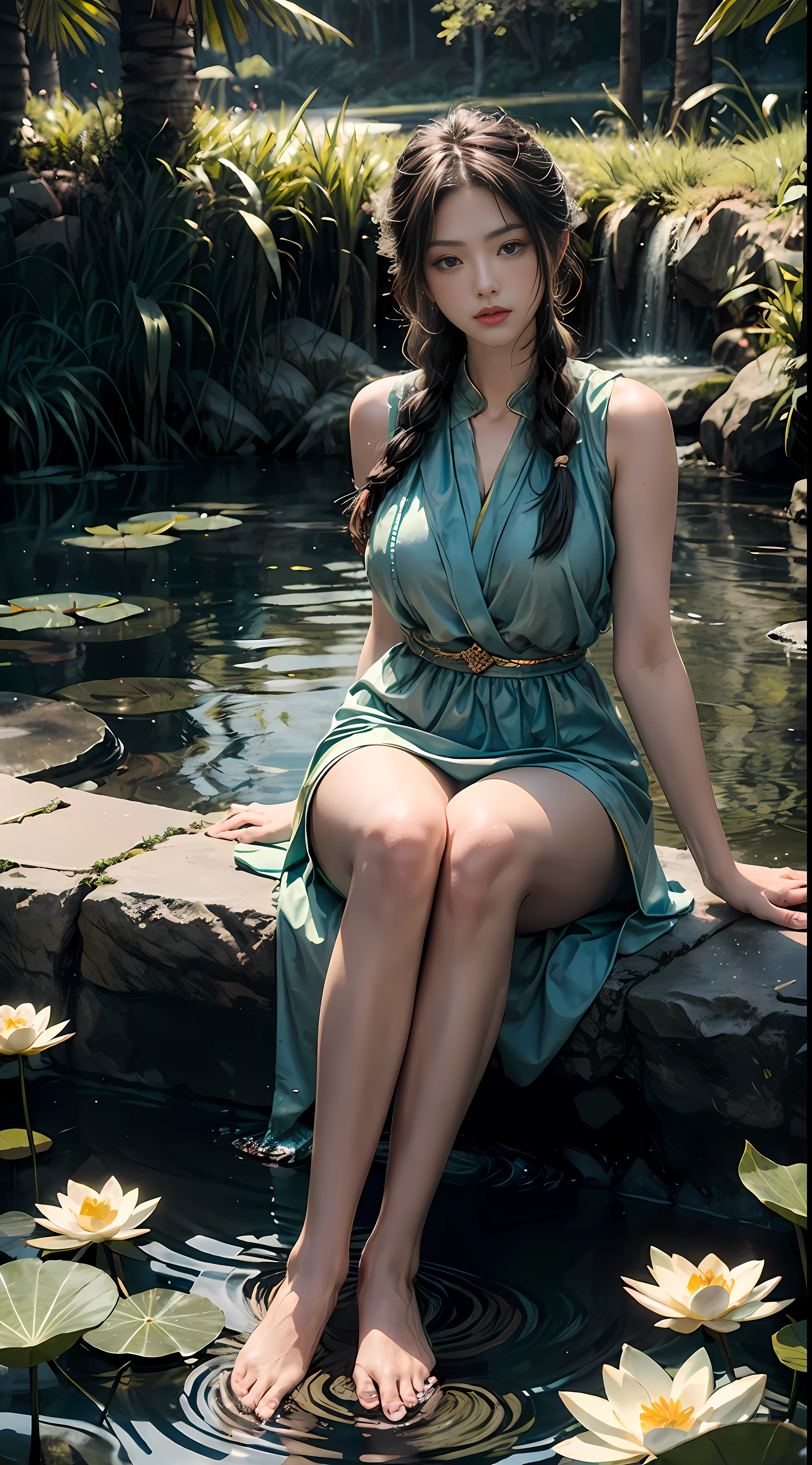 Sitting by a lake full of lotus flowers, feet playing in the water, the art depicts a charming woman with a melon face, dressed in a flowing, silky traditional oriental dress, long, aqua blue, decorated with intricate patterns and bright colors. Her dress drapes elegantly over her curvy figure, accentuating her seductive silhouette. She sits gracefully by the tranquil lotus lake, her feet playing in the water, bathed in the soft glow of the moonlight. The scene exudes an ethereal and dreamy atmosphere, with a touch of mystery and sexiness. The graphic style blends watercolor and digital illustration techniques to evoke a refined beauty and charm. The lights are filled with soft moonlight, casting soft highlights and shadows on her charming features. Bare thighs, big breasts, three-dimensional facial features, sitting, upturned legs, side braids