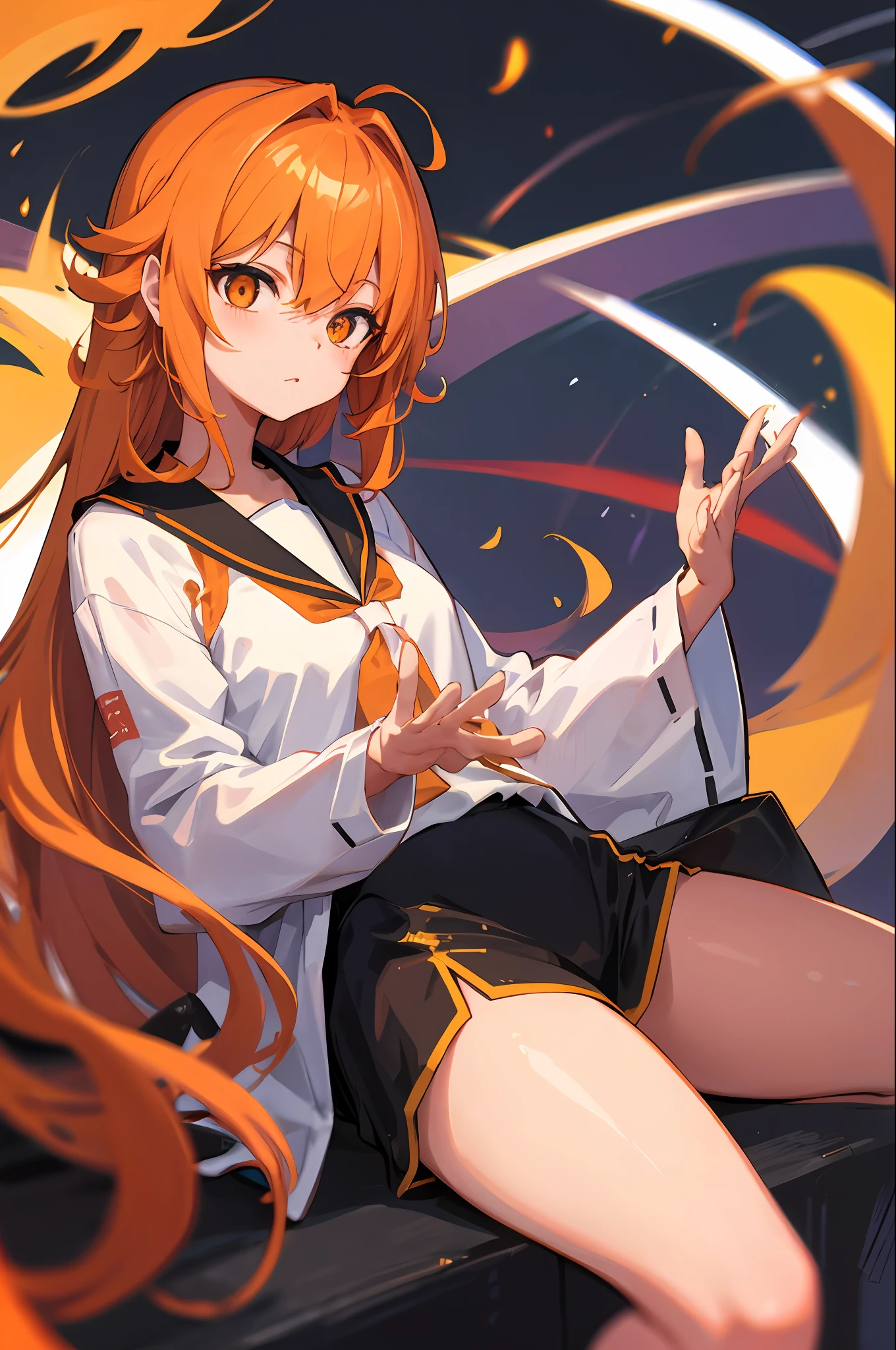 Orange curls，long whitr hair，Golden eyes，校服