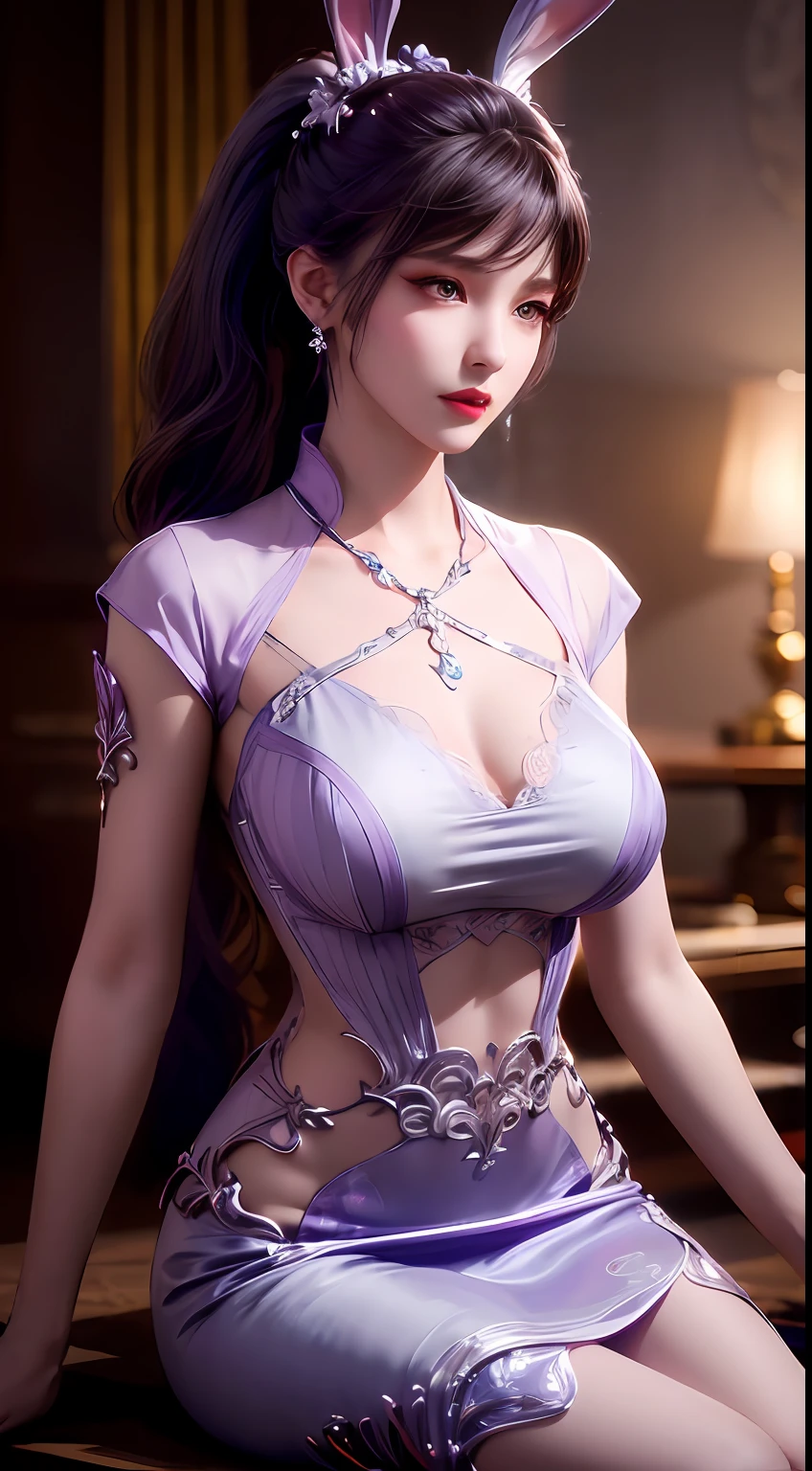 1 beautiful girl in Han costume, thin purple silk shirt with many white motifs, white lace top, long silver-purple ponytail, gorgeous hair jewelry, earring jewelry, purple rabbit ears pale, necklace jewelry, big purple eyes meticulously drawn, meticulous makeup, thin eyebrows, high nose, pretty red lips, no smile, pursed lips, rosy cheeks, enlarged breasts, huge breasts, round a well-proportioned, slim waist, purple mesh socks, Chinese hanfu style, fictional art textures, vivid and realistic colors, RAW photos, real photos, ultra high quality 8k surreal photos, ( magic light effect: 1.8), 10x pixels, magic effect (background): 1.8), super detailed eyes, girl full body, girl alone, ancient hanfu background, 8k quality, UHD, HDR10, super sharp, the most detailed and clear picture, bright colors, even lighting, detailed dark background,